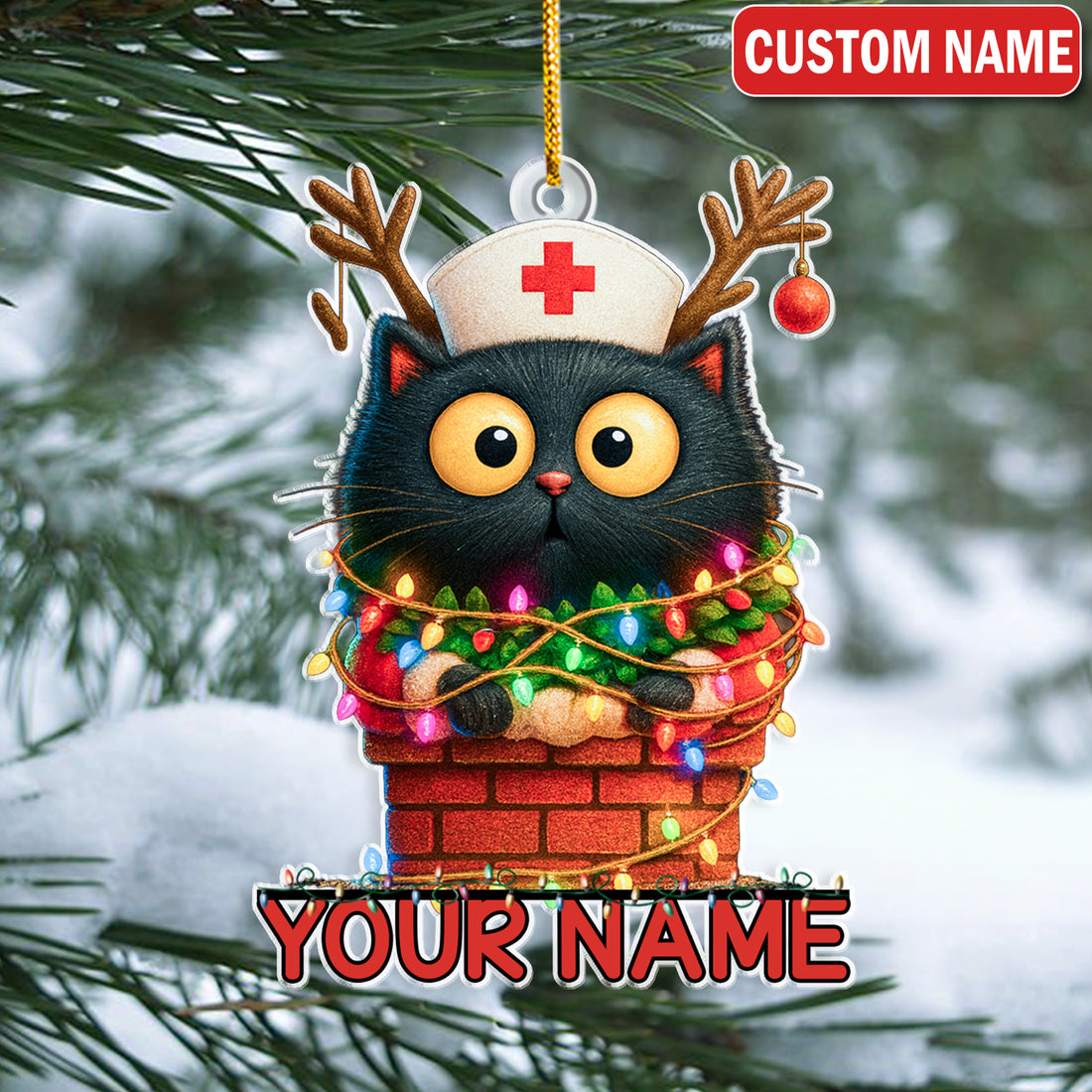 Personalized Cat Nurse Christmas Ornament - Funny Black Cat with Xmas Lights - Cute Holiday Gift for Nurses, Vet Techs & Cat Lovers