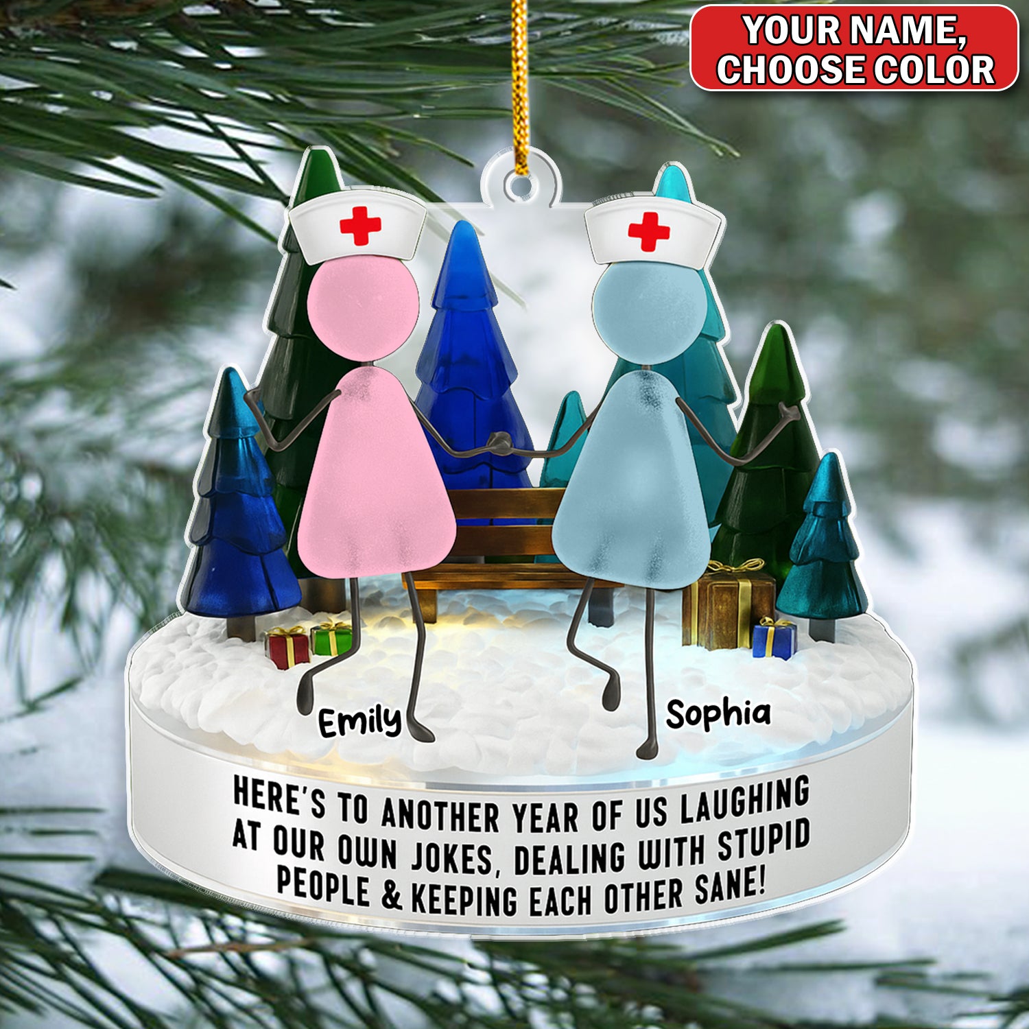 Personalized Nurse Besties Ornament, Custom Name Nursing Friends Christmas Gift, Funny Medical Staff Xmas Keepsake for Coworkers