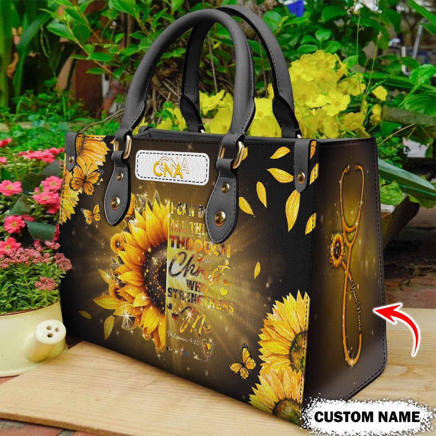 Christian CNA Nurse Leather Handbag, Bible Verse Sunflower Purse, LPN CNA RN Gift