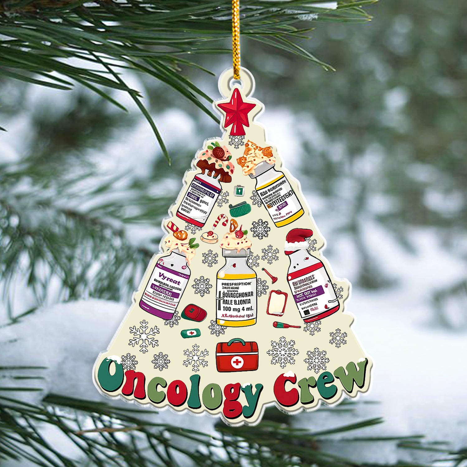 Oncology Crew Christmas Tree Ornament – Chemo Meds Holiday Decor for Nurses, Oncologists & Healthcare Workers – Cute Oncology Unit Christmas Gift