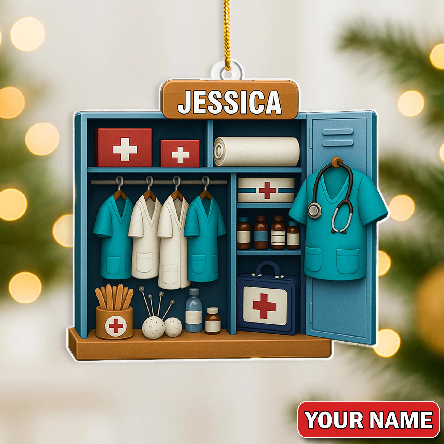 Personalized Nurse Locker Christmas Ornament – Custom Name Medical Scrubs & First Aid Cabinet Holiday Decor – Cute Doctor Ornament for Healthcare Workers