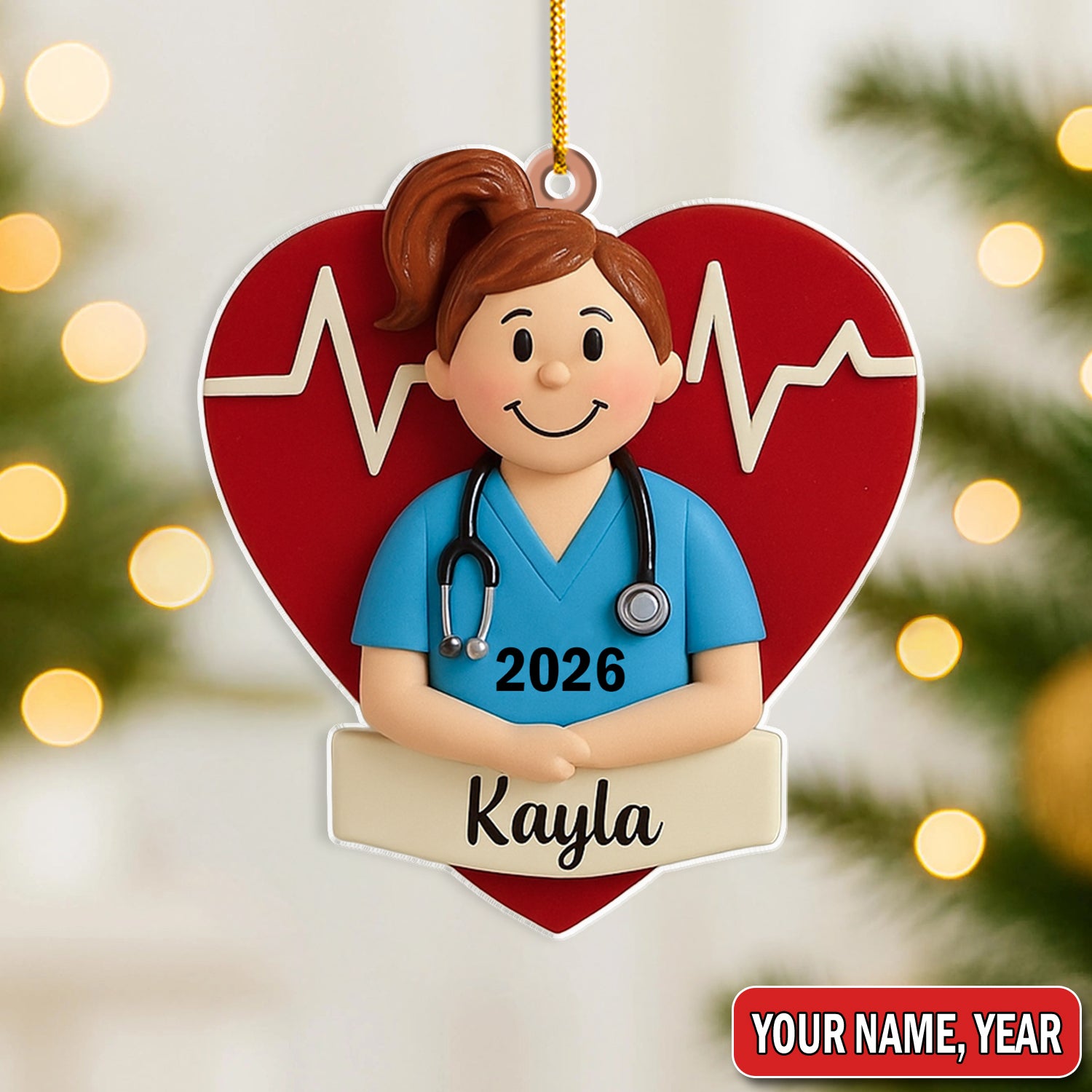 Personalized Nurse Graduate Christmas Ornament – Custom Name Heartbeat Scrub Girl Decor – Cute Healthcare Worker Holiday Gift