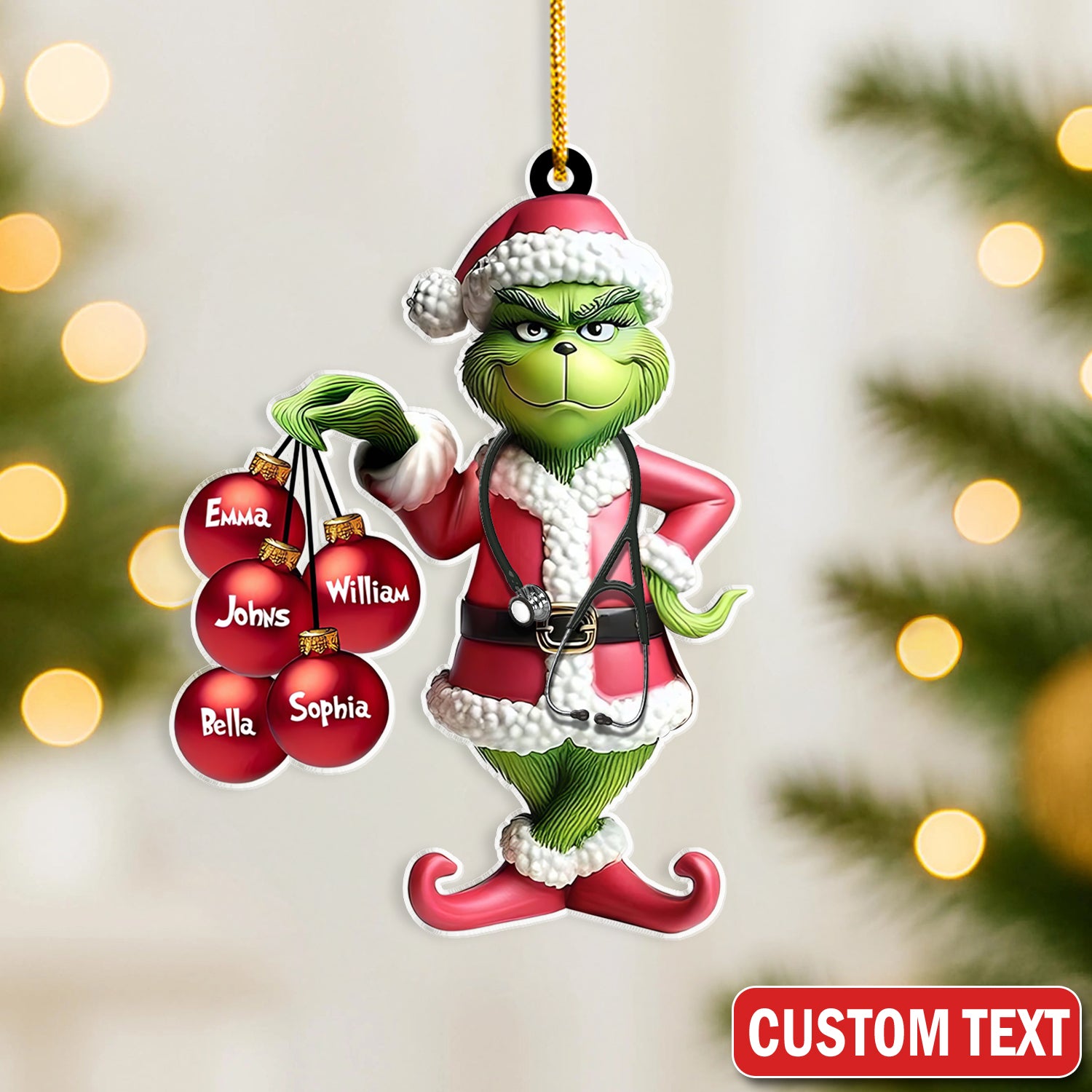 Personalized Grinch Nurse Ornament, Custom Christmas Tree Decoration, Gift for Healthcare Worker LPN CNA RN