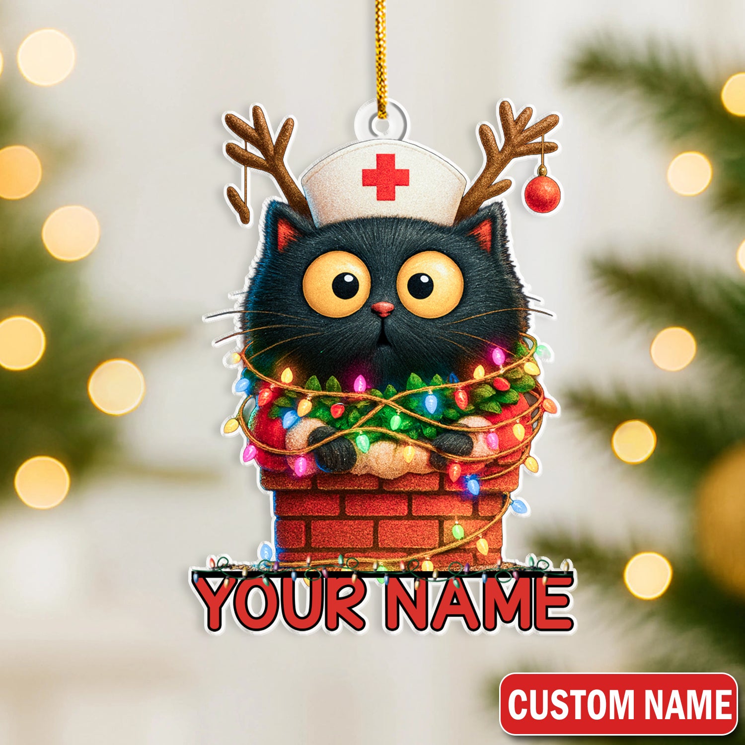 Personalized Cat Nurse Christmas Ornament - Funny Black Cat with Xmas Lights - Cute Holiday Gift for Nurses, Vet Techs & Cat Lovers