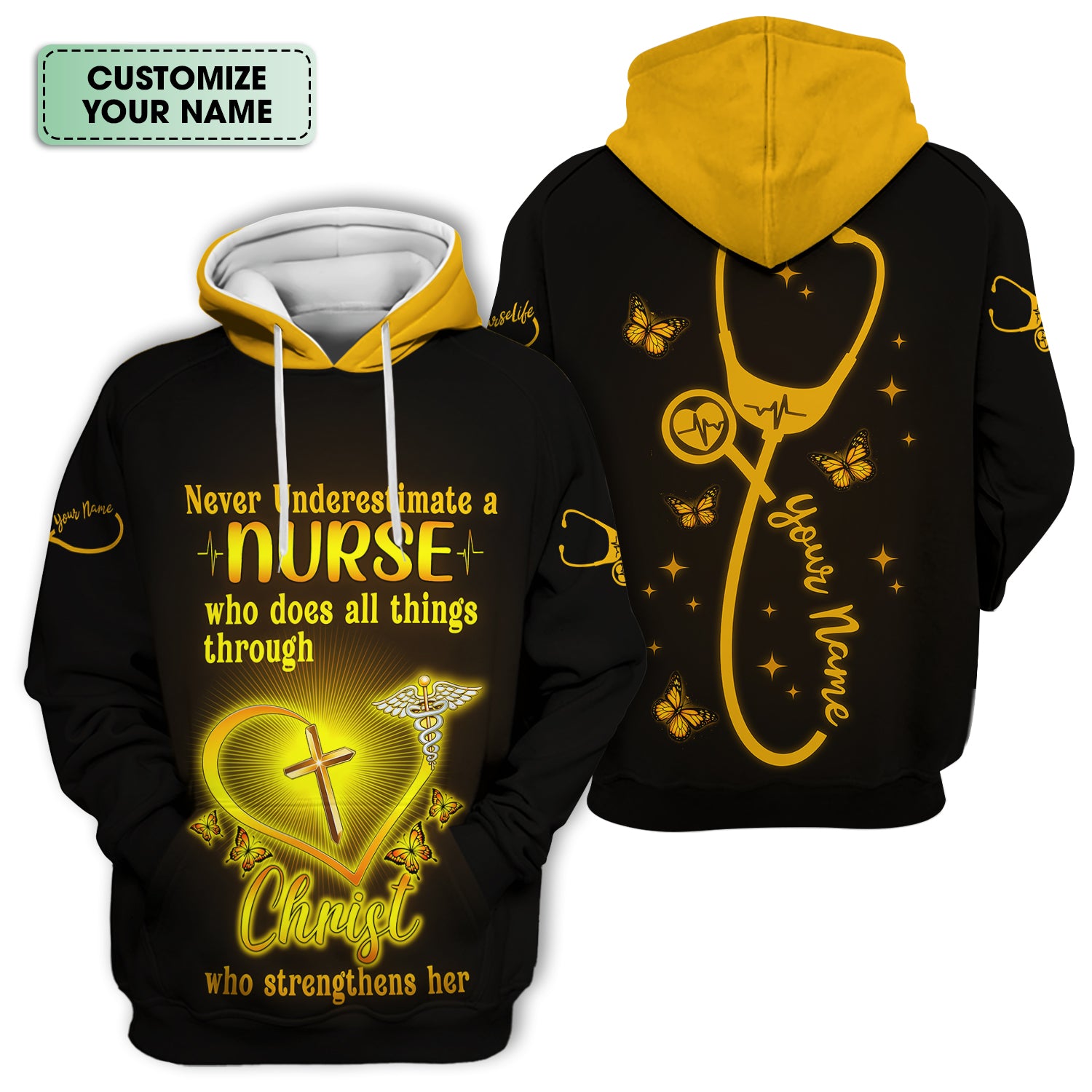 Personalized Christian Nurse Shirt for Women - All Things Through Christ with Cross & Butterflies - Custom Gift for RN LPN CNA Caregivers