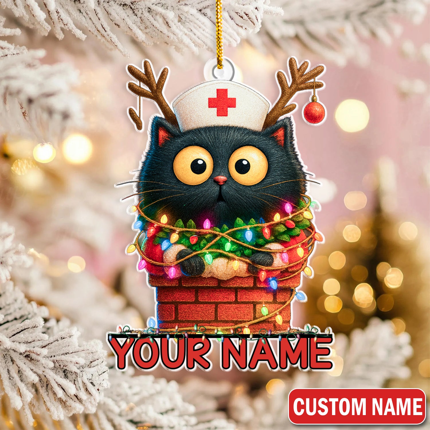 Personalized Cat Nurse Christmas Ornament - Funny Black Cat with Xmas Lights - Cute Holiday Gift for Nurses, Vet Techs & Cat Lovers