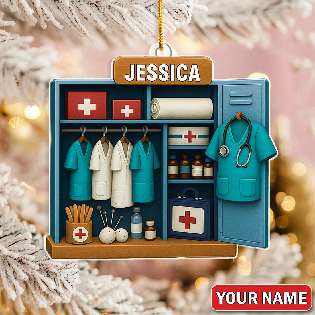 Personalized Nurse Locker Christmas Ornament – Custom Name Medical Scrubs & First Aid Cabinet Holiday Decor – Cute Doctor Ornament for Healthcare Workers
