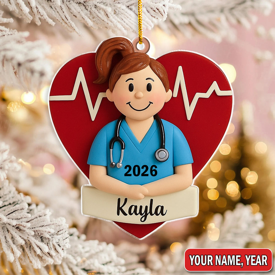 Personalized Nurse Graduate Christmas Ornament – Custom Name Heartbeat Scrub Girl Decor – Cute Healthcare Worker Holiday Gift