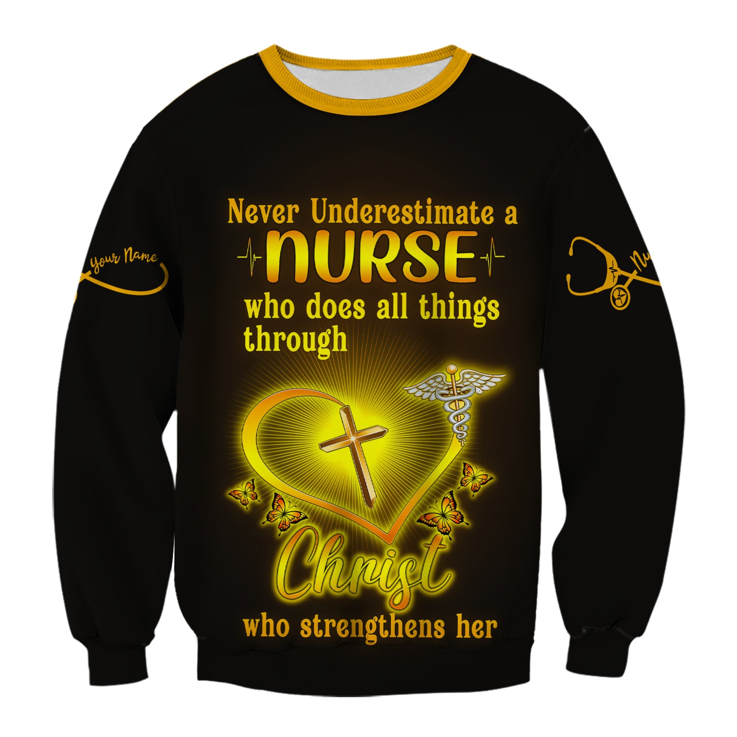 Personalized Christian Nurse Shirt for Women - All Things Through Christ with Cross & Butterflies - Custom Gift for RN LPN CNA Caregivers