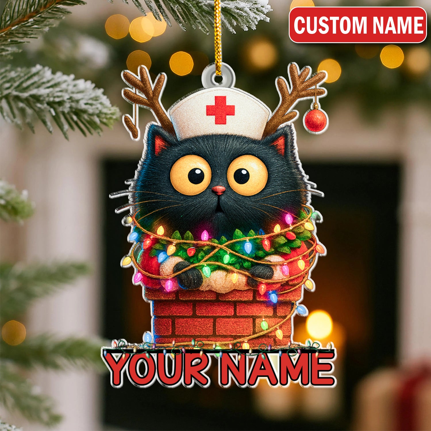 Personalized Cat Nurse Christmas Ornament - Funny Black Cat with Xmas Lights - Cute Holiday Gift for Nurses, Vet Techs & Cat Lovers