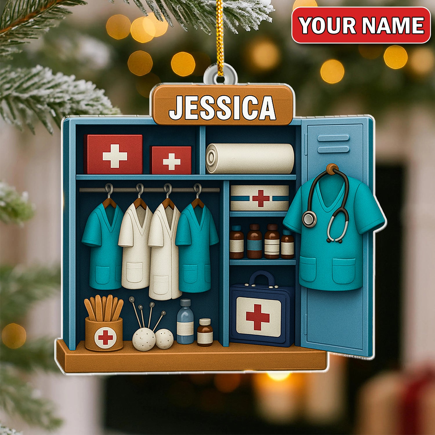 Personalized Nurse Locker Christmas Ornament – Custom Name Medical Scrubs & First Aid Cabinet Holiday Decor – Cute Doctor Ornament for Healthcare Workers