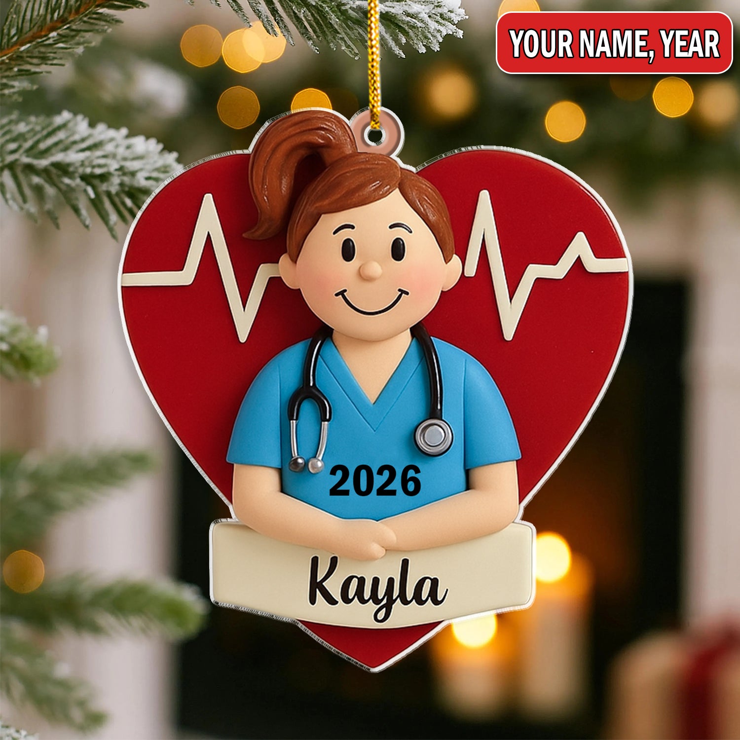 Personalized Nurse Graduate Christmas Ornament – Custom Name Heartbeat Scrub Girl Decor – Cute Healthcare Worker Holiday Gift