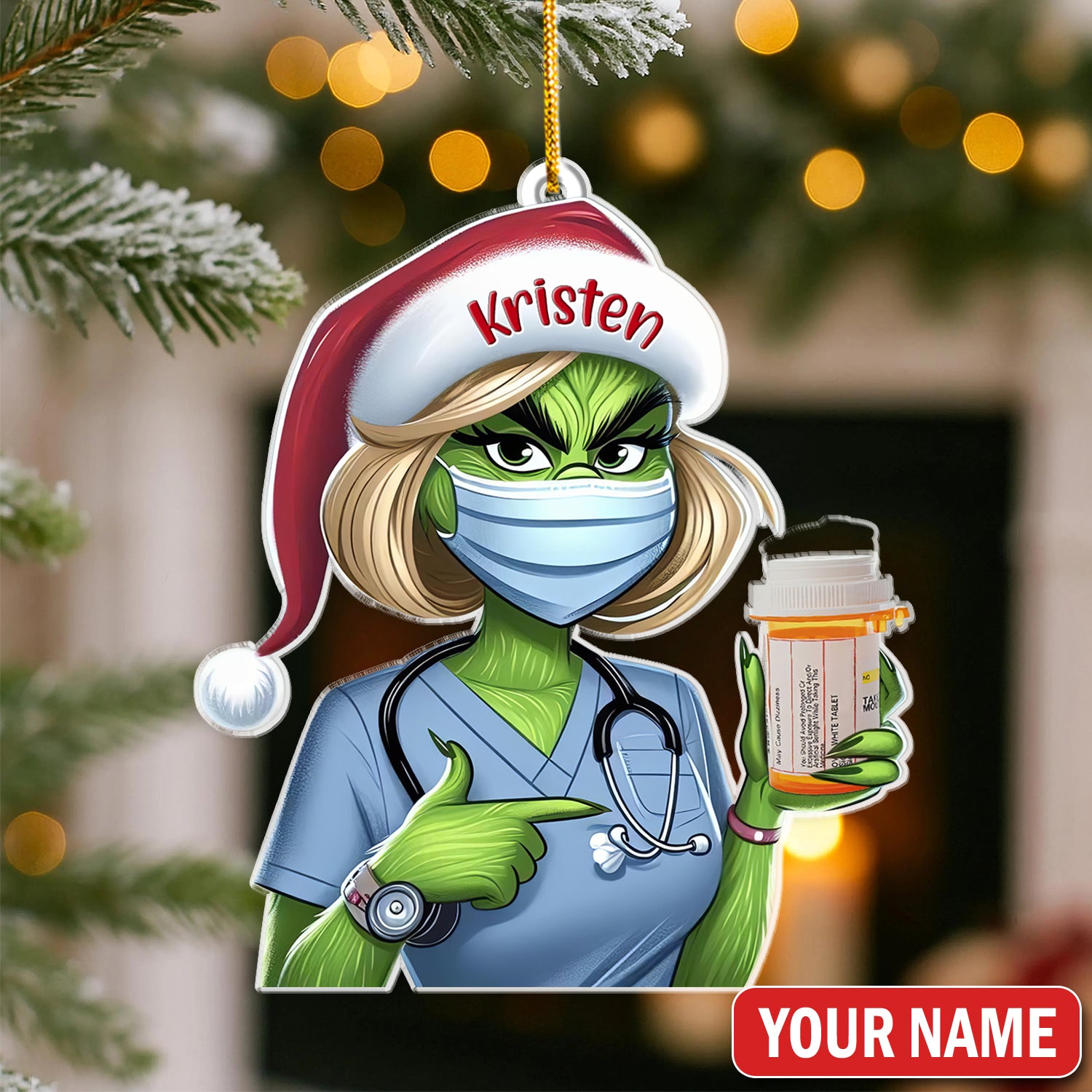 Custom Funny Pharmacist Christmas Ornament, Green Monster Nurse Holding Pill Design, RN LPN CNA Gift