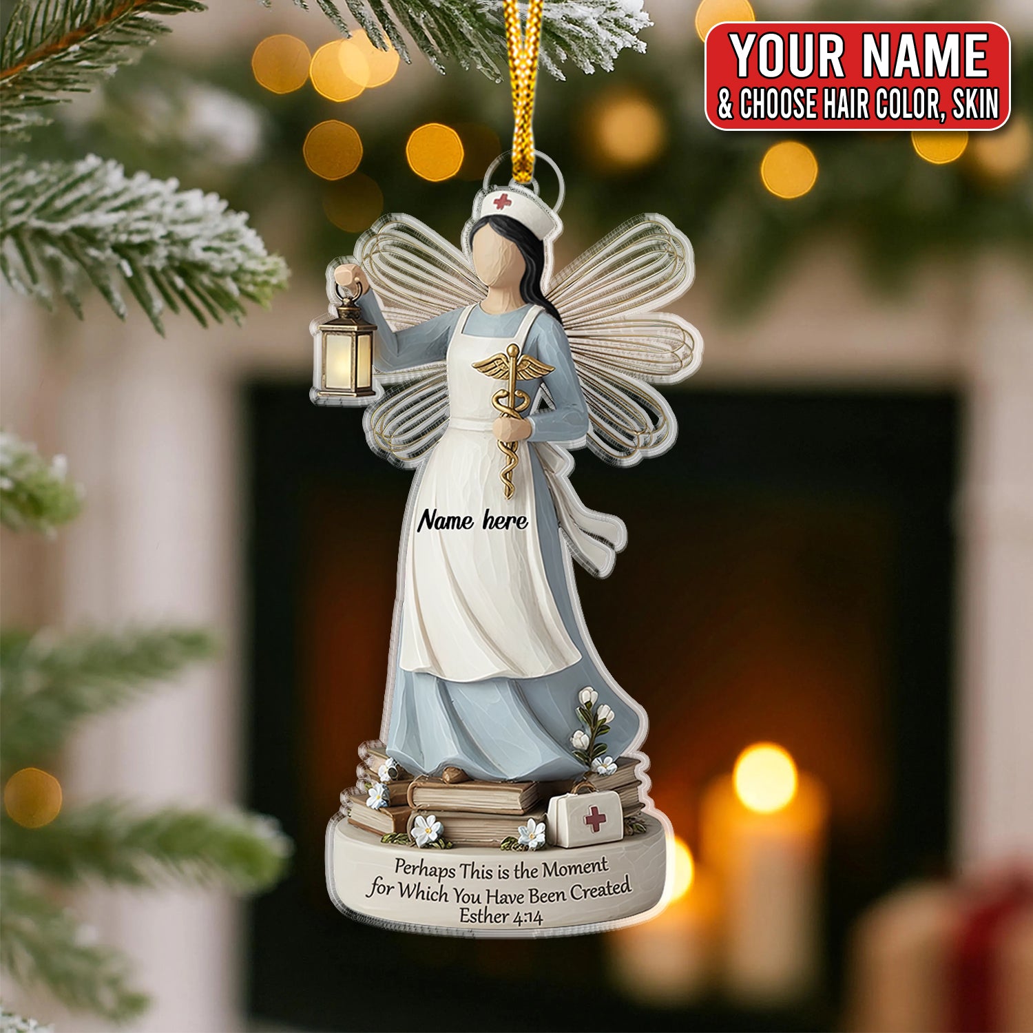Personalized Nurse Angel Ornament, Custom Name Christian Esther 4:14 Scripture Gift, Healthcare Worker Christmas Tree Decor
