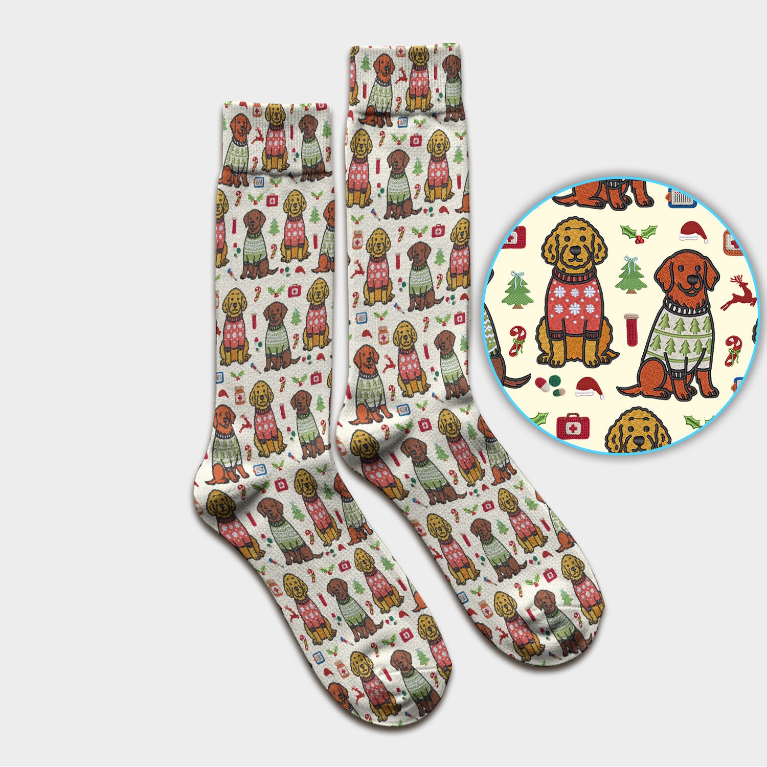 Golden Retriever Christmas Scrub Socks, Cute Holiday Dog Nurse Pattern Sock, Breathable Fabrics Nursing Uniform