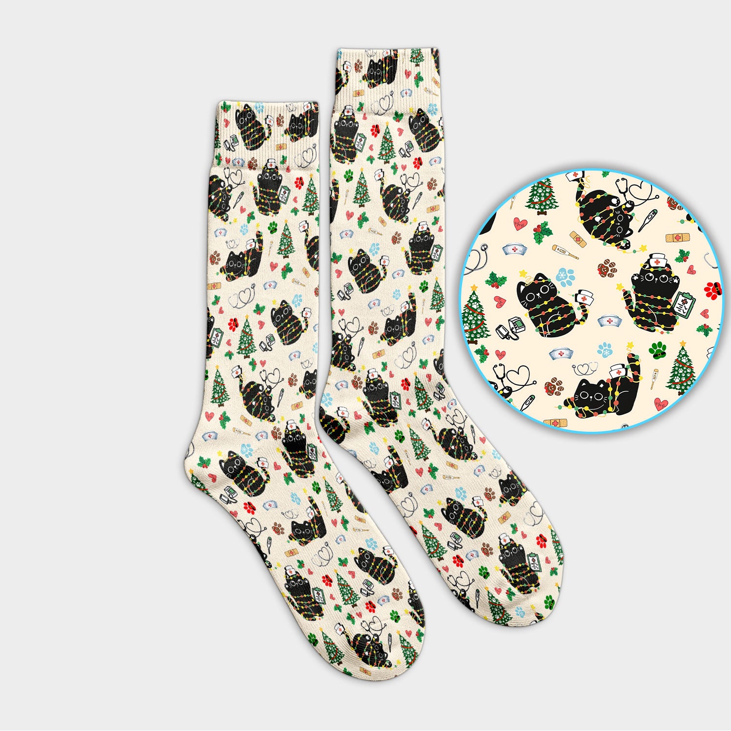 Funny Black Cat Christmas Scrub Socks – Cute Holiday Kitty Pattern – Festive Medical Uniform for Nurses, Vets, and Cat Lovers