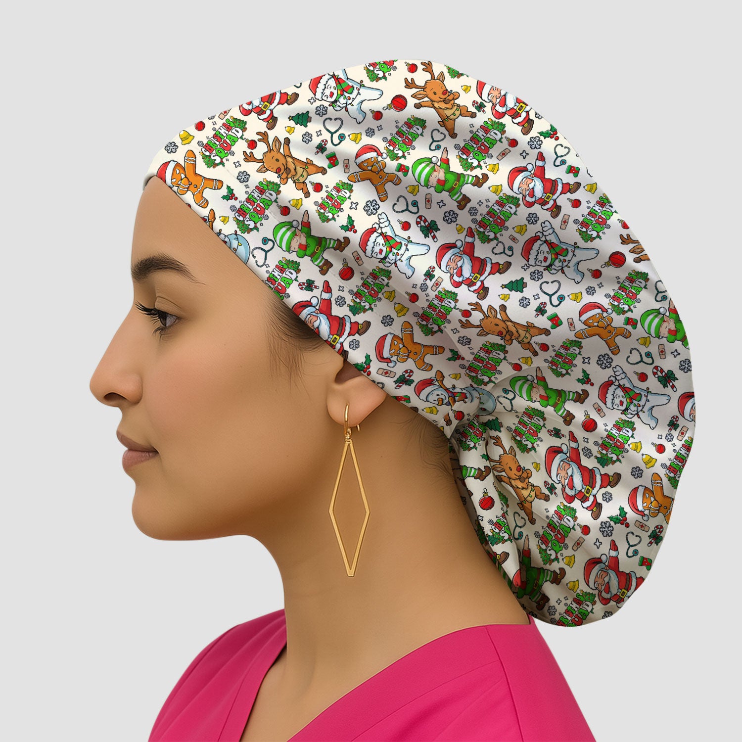 Christmas Squad Bouffant Scrub Caps for Women - Dancing Santa, Reindeer & Elf Holiday Nursing Gift - Funny Holiday Gift