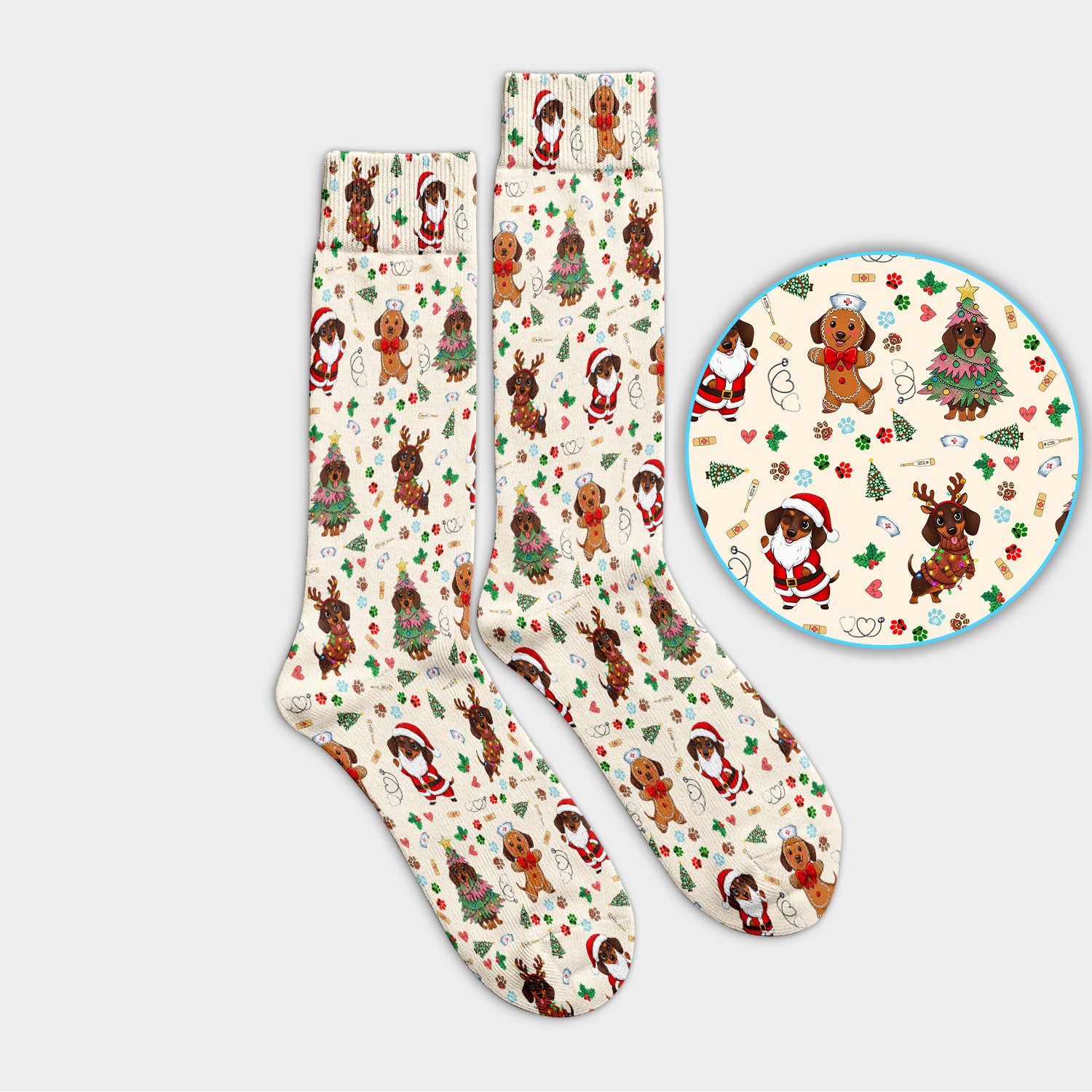 Wiener Dog Christmas Scrub Socks – Funny Dachshund Pattern Medical Sock – Festive Holiday Uniform for RN, LPN, CNA, and Vet Techs