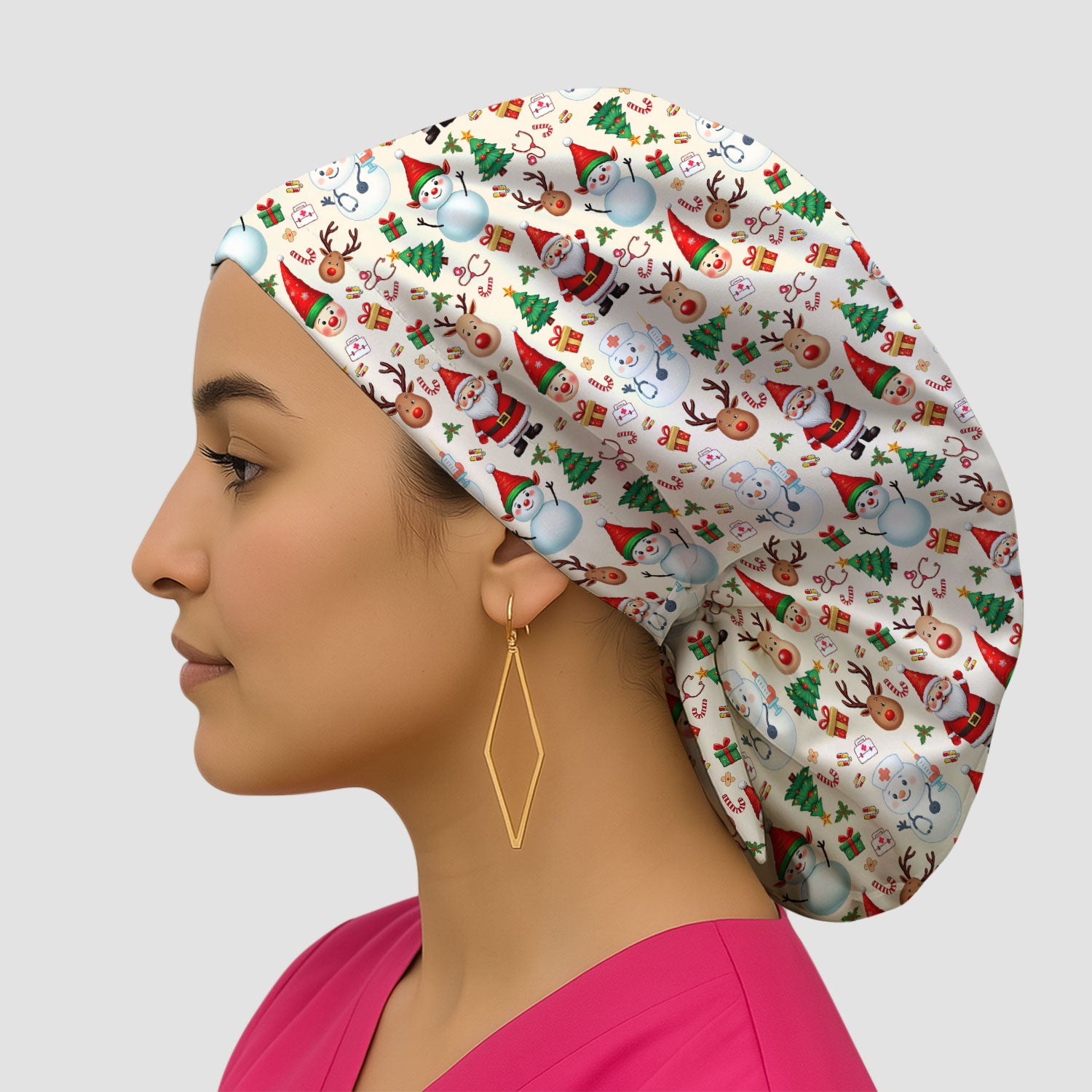 Christmas Bouffant Scrub Caps for Women - Cute Snowman Reindeer Santa Surgical Caps for Doctors - Breathable Fabrics Caps Uniform