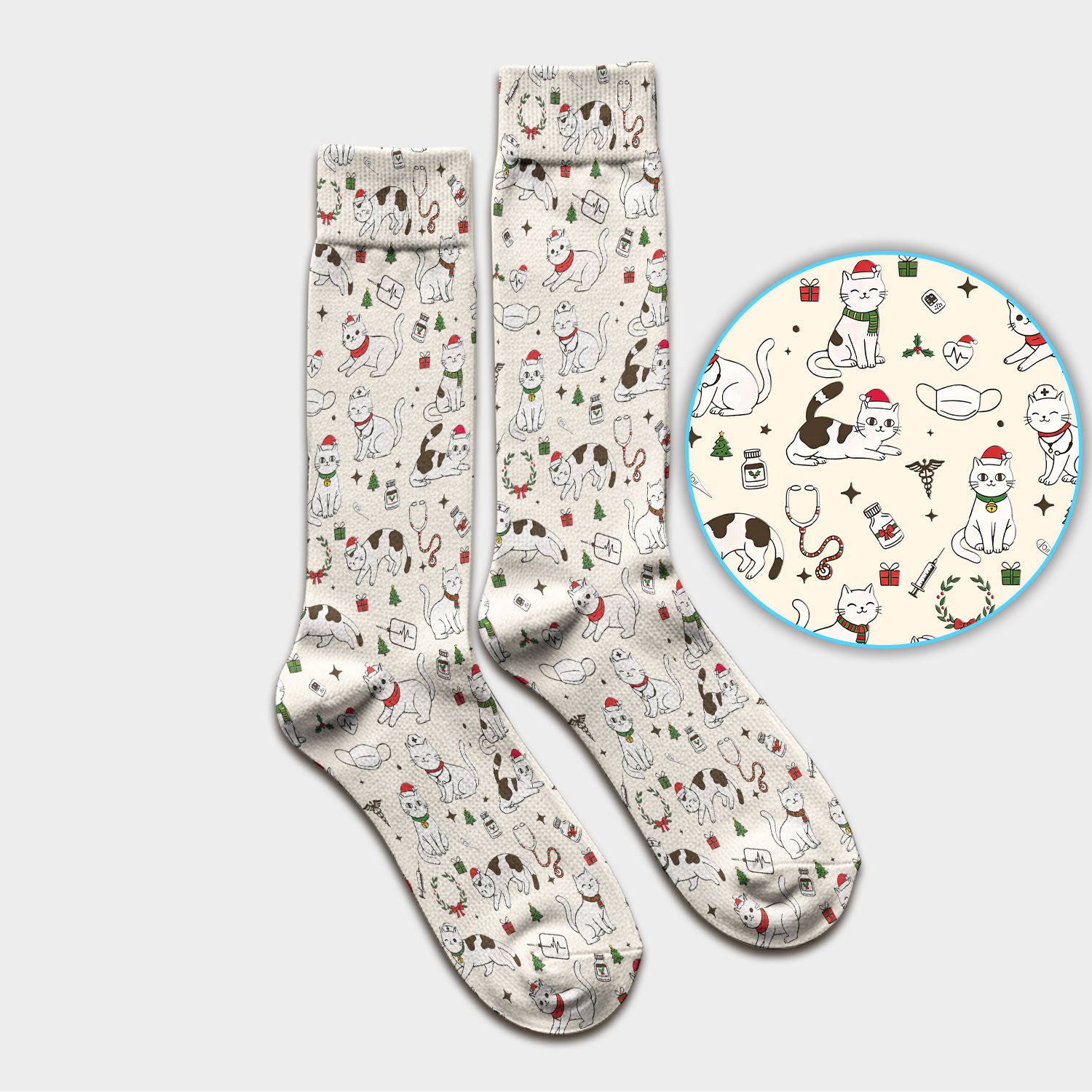 Christmas Cat Scrub Socks – Festive Nurse & Holiday Kitty Pattern – Cute Medical Uniform for Nurses, Vets and Healthcare Workers