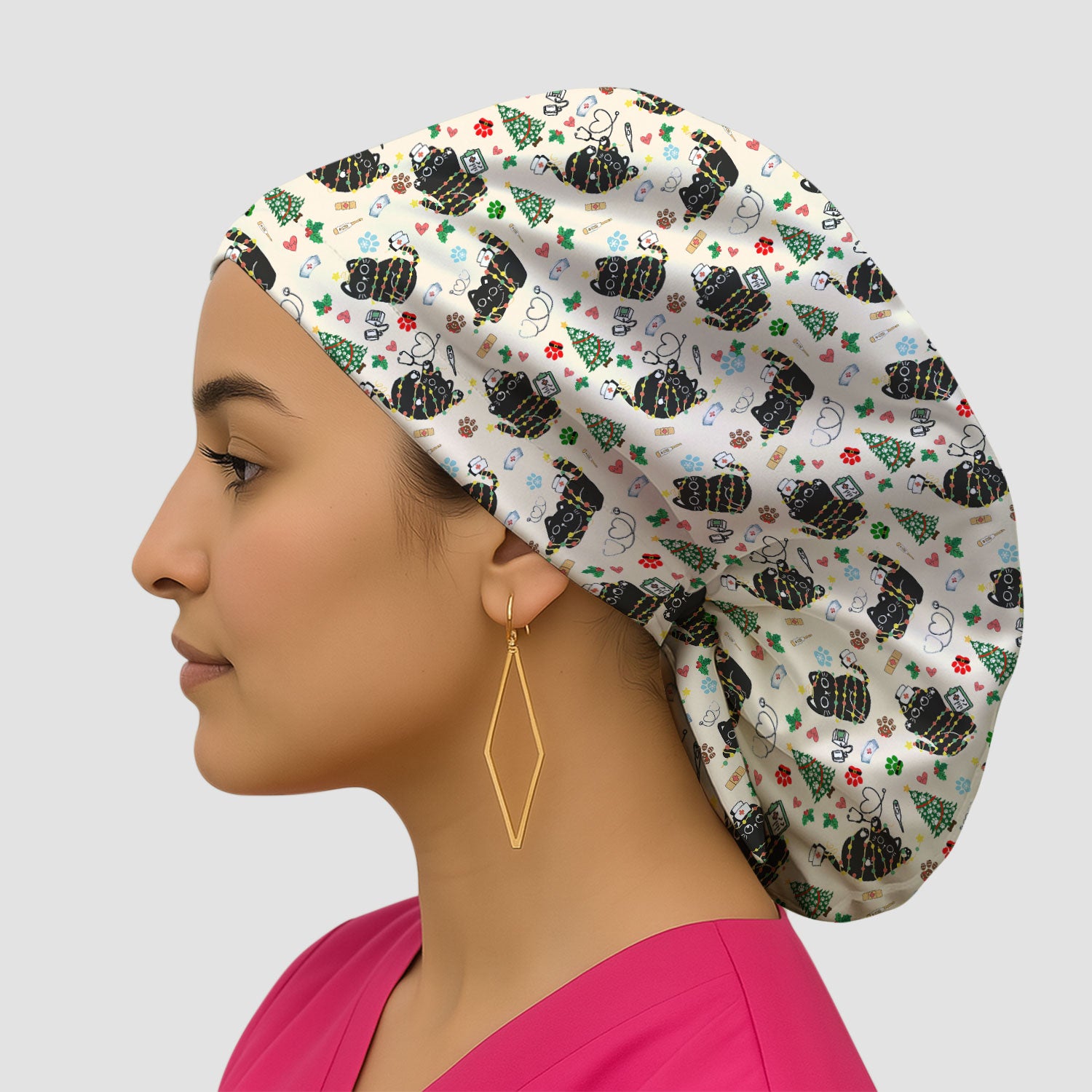 Funny Black Cat Christmas Scrub Cap – Cute Holiday Kitty Pattern – Festive Medical Uniform for Nurses, Vets, and Cat Lovers