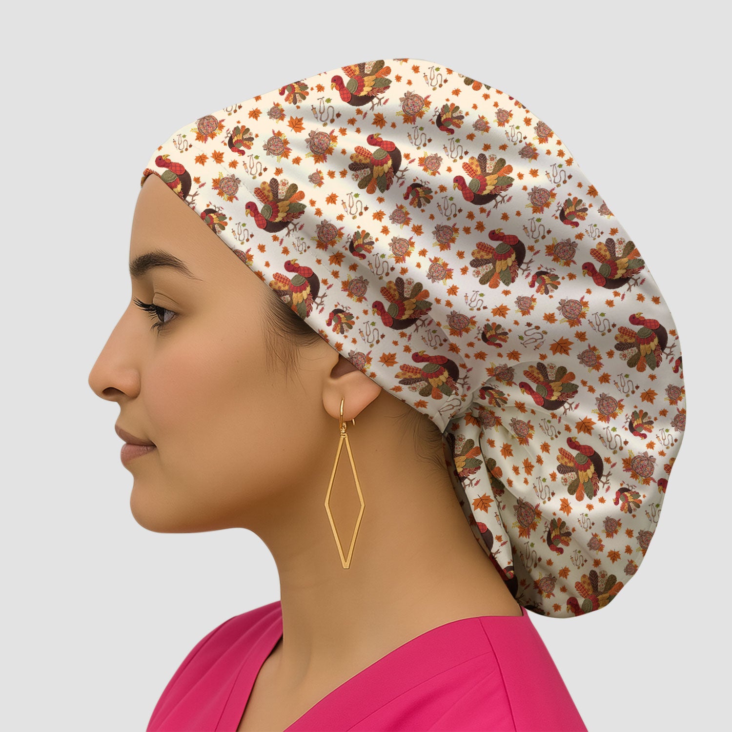 Fall Leaves Thanksgiving Bouffant Scrub Caps for Women - Breathable Fabrics Caps Uniform - Funny Turkey Surgical Caps for Doctors