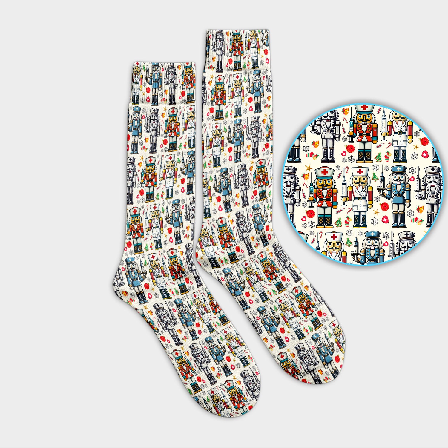 Funny Nutcracker Christmas Socks – Cute Holiday Nurse Pattern Sock – Festive Medical Uniform for RN, LPN, CNA, and Healthcare Workers