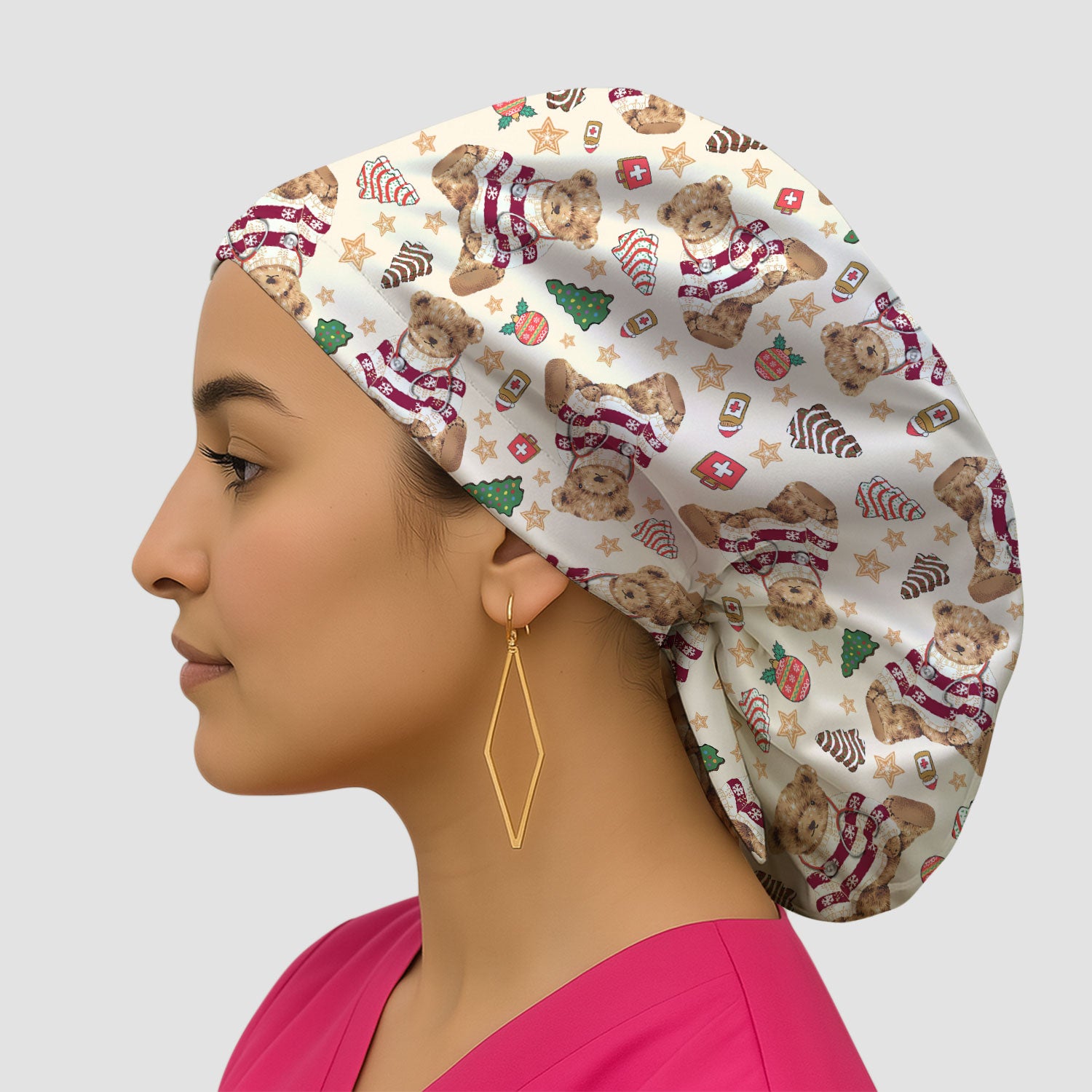 Teddy Bear Christmas Bouffant Scrub Caps for Women - Festive Holiday Nursing Gift - Breathable Fabrics Caps Uniform