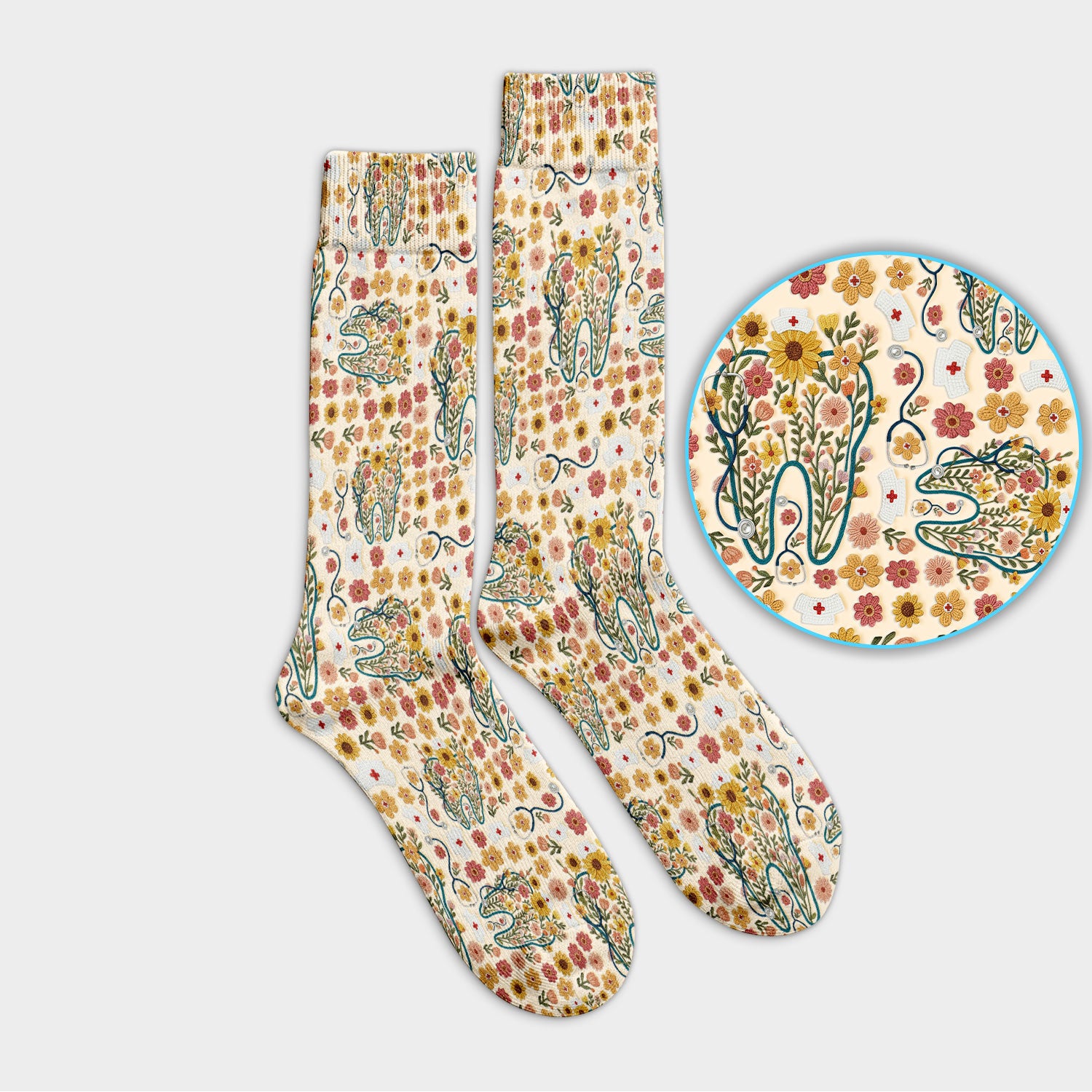 Boho Floral Tooth Socks for Nurse Doctor - Aesthetic Dental Adult Socks for Men and Women - Dentist Christmas Gift