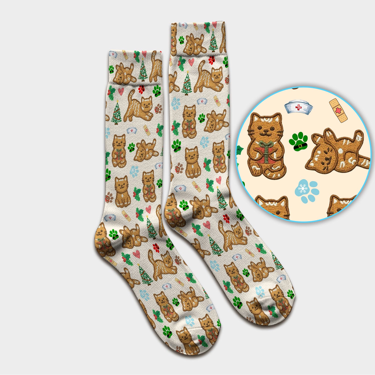 Gingerbread Cat Christmas Scrub Socks, Cute Holiday Kitty Medical Uniform Sock For Nursing, Festive Nurse Pattern