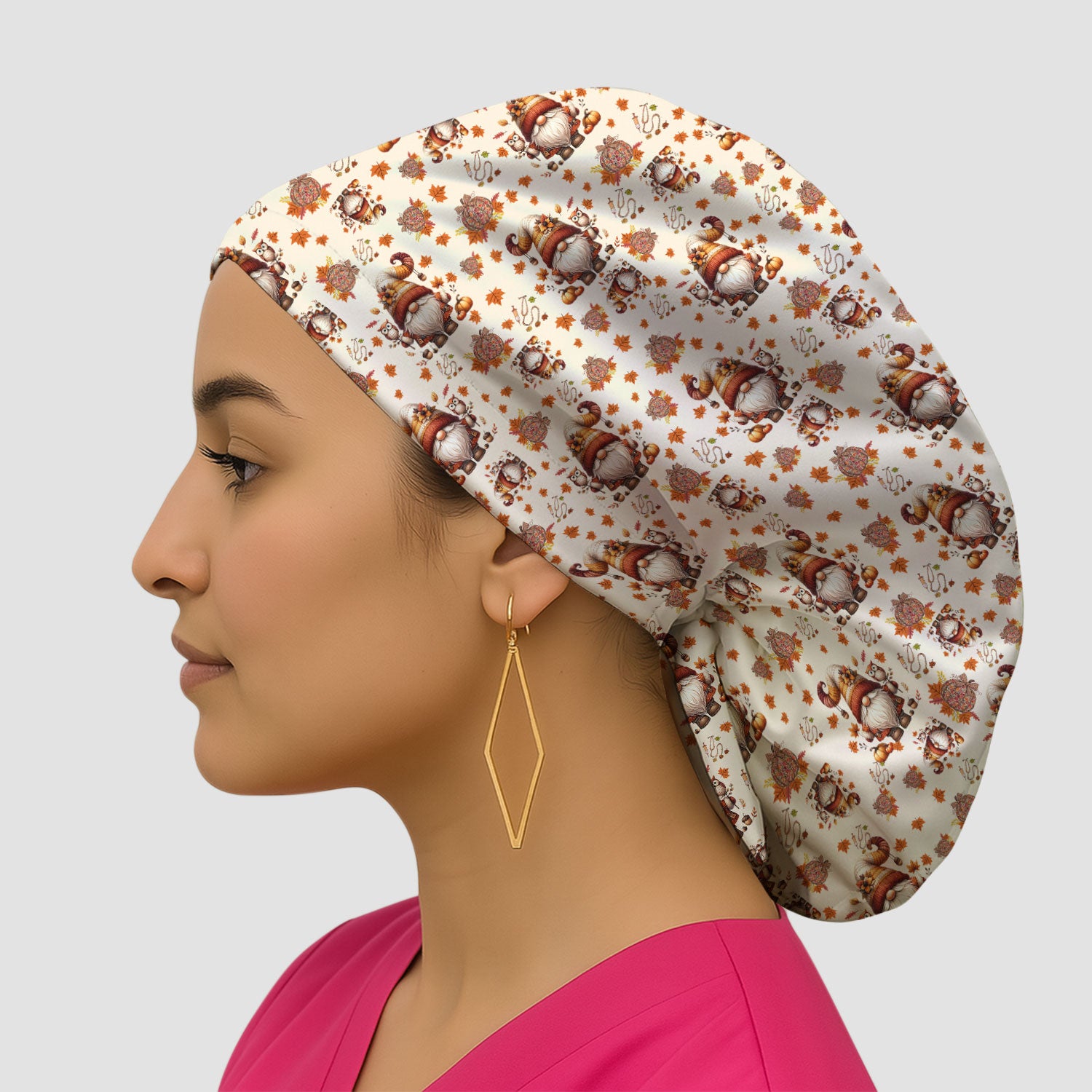 Autumn Leaves Pumpkin Bouffant Scrub Caps for Women - Thanksgiving Surgical Caps for Doctors - Gnome Lover Gift for Her