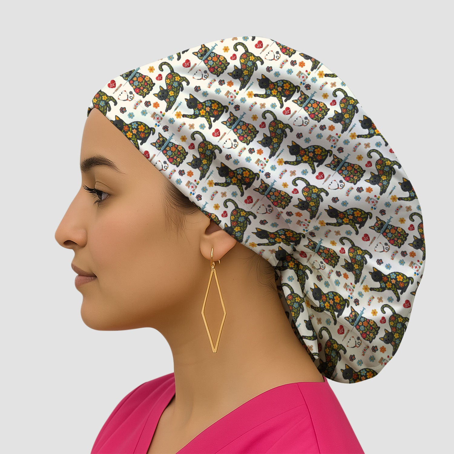 Floral Black Cat Pattern Scrub Cap, Cute Cat Nurse Scrub Hat, Medical Nursing Uniform