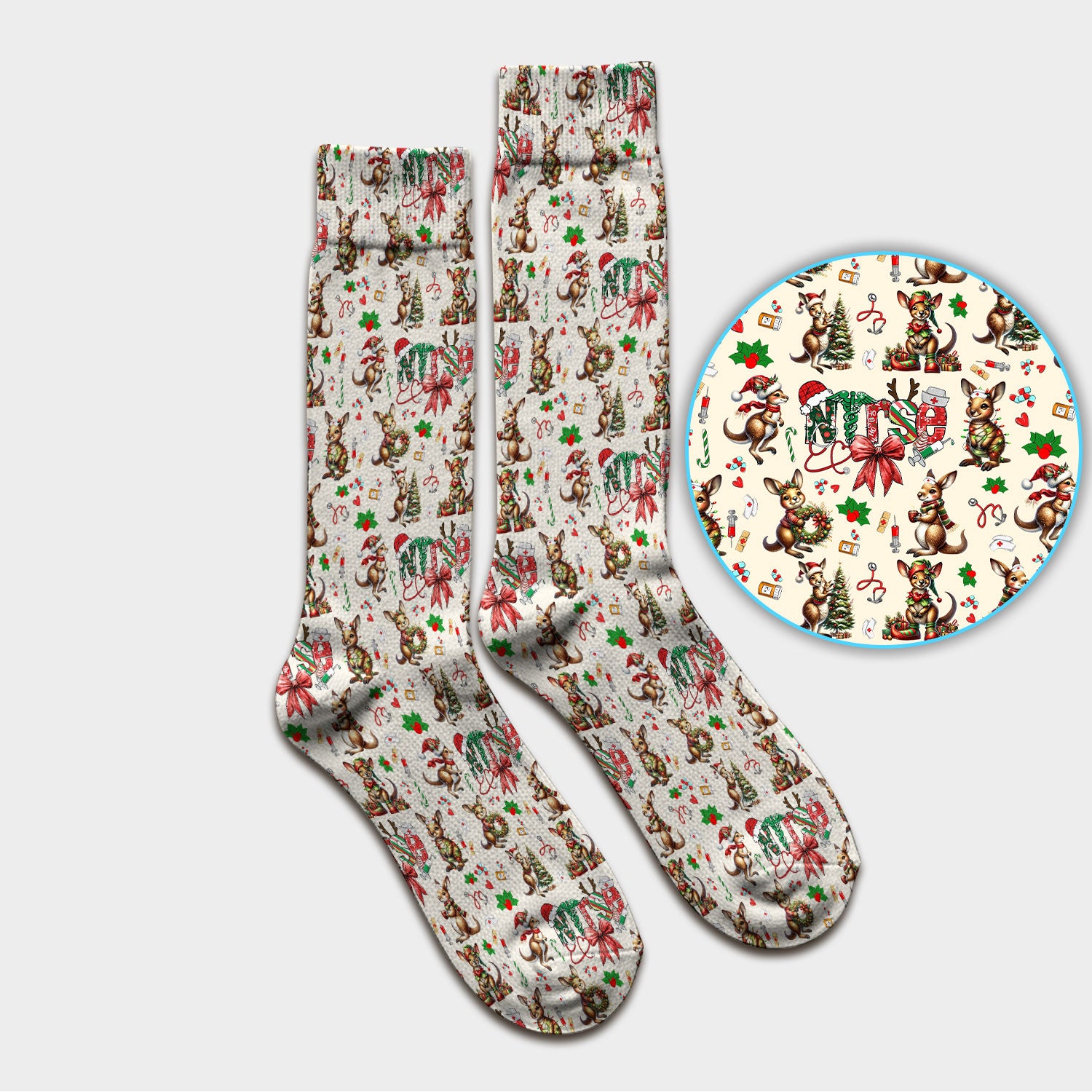 Whimsical Kangaroo Christmas Scrub Socks – Festive Australian Animals Holiday Pattern – Cute Medical Uniform for Nurses, Vets & Healthcare Workers
