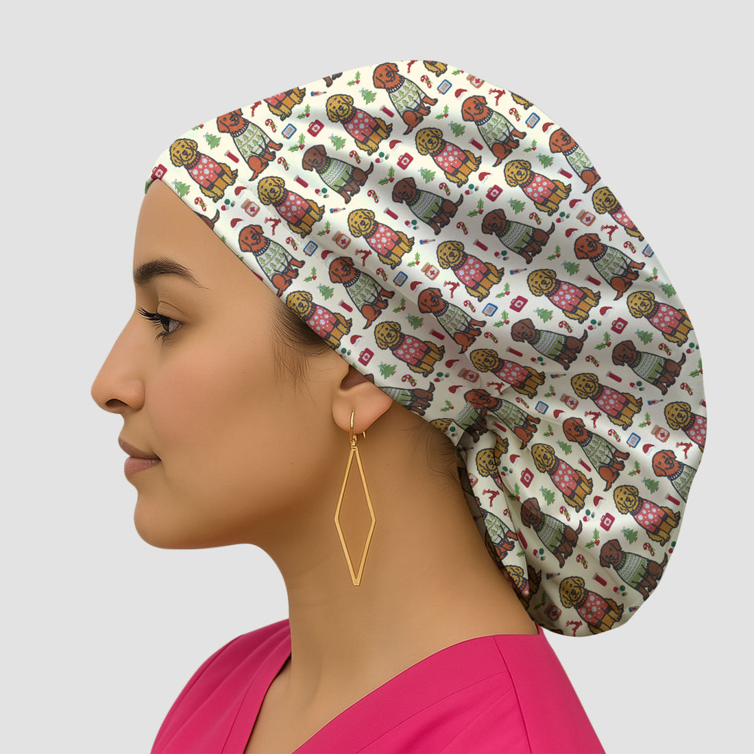 Golden Retriever Christmas Scrub Cap, Cute Holiday Dog Nurse Pattern Hat, Breathable Fabrics Nursing Uniform