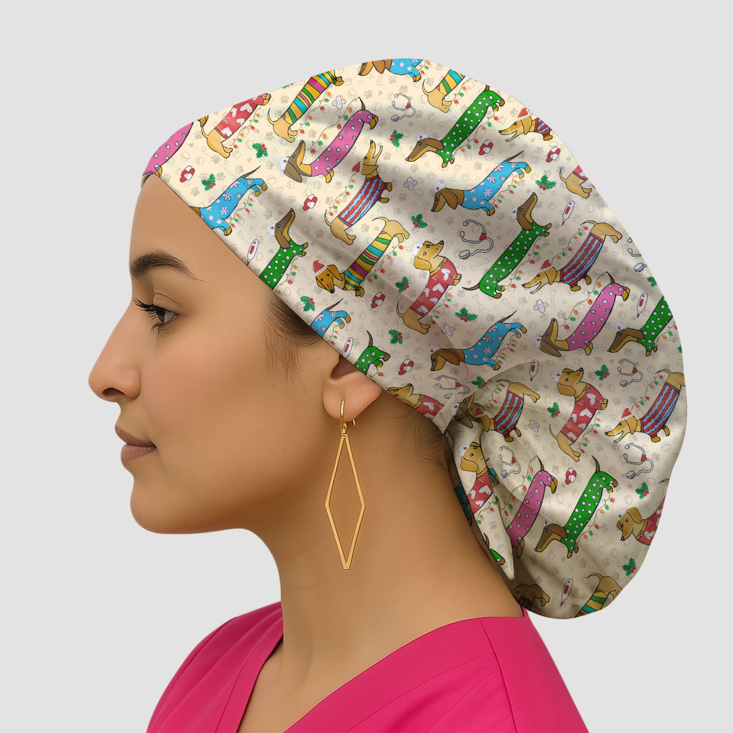 Funny Dachshund Bouffant Scrub Caps for Women - Cute Wiener Dog Holiday Nursing Gift - Puppy Lover Gift