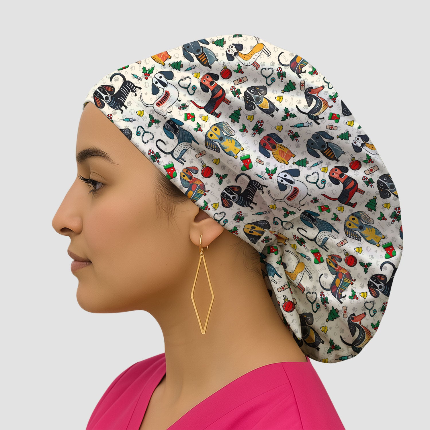 Christmas Wiener Dog Bouffant Scrub Caps for Women - Dachshund Holiday Nursing Gift - Breathable Fabrics Caps Uniform