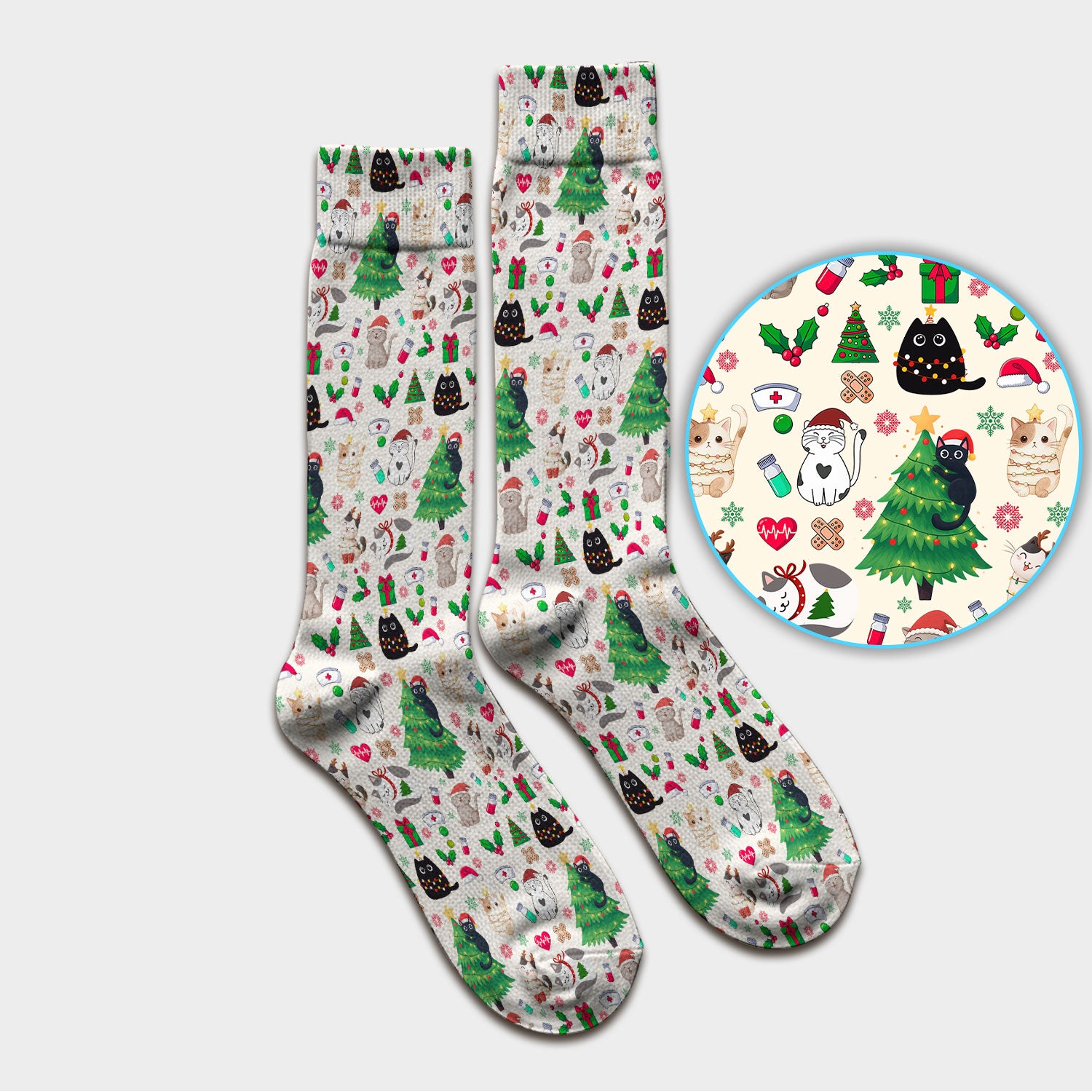 Christmas Cat Scrub Socks, Xmas Pet Pattern Scrub Sock, Breathable Fabrics Nursing Uniform