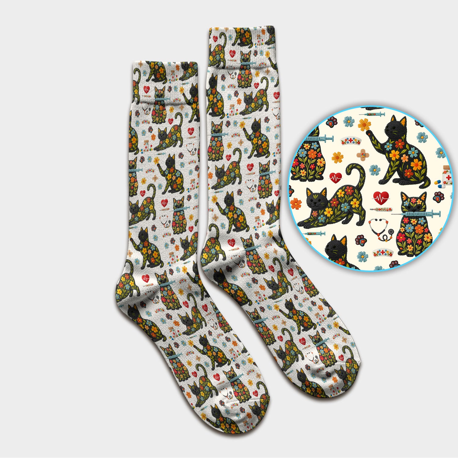 Floral Black Cat Pattern Scrub Socks, Cute Cat Nurse Scrub Sock, Medical Nursing Uniform