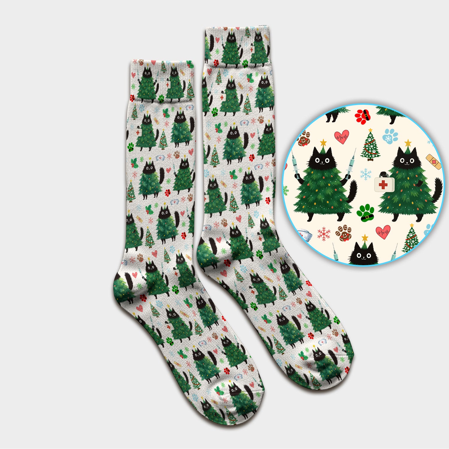 Christmas Nurse Scrub Socks, Xmas Black Cat Pattern Nurse Sock,  Breathable Fabrics Nursing Uniform