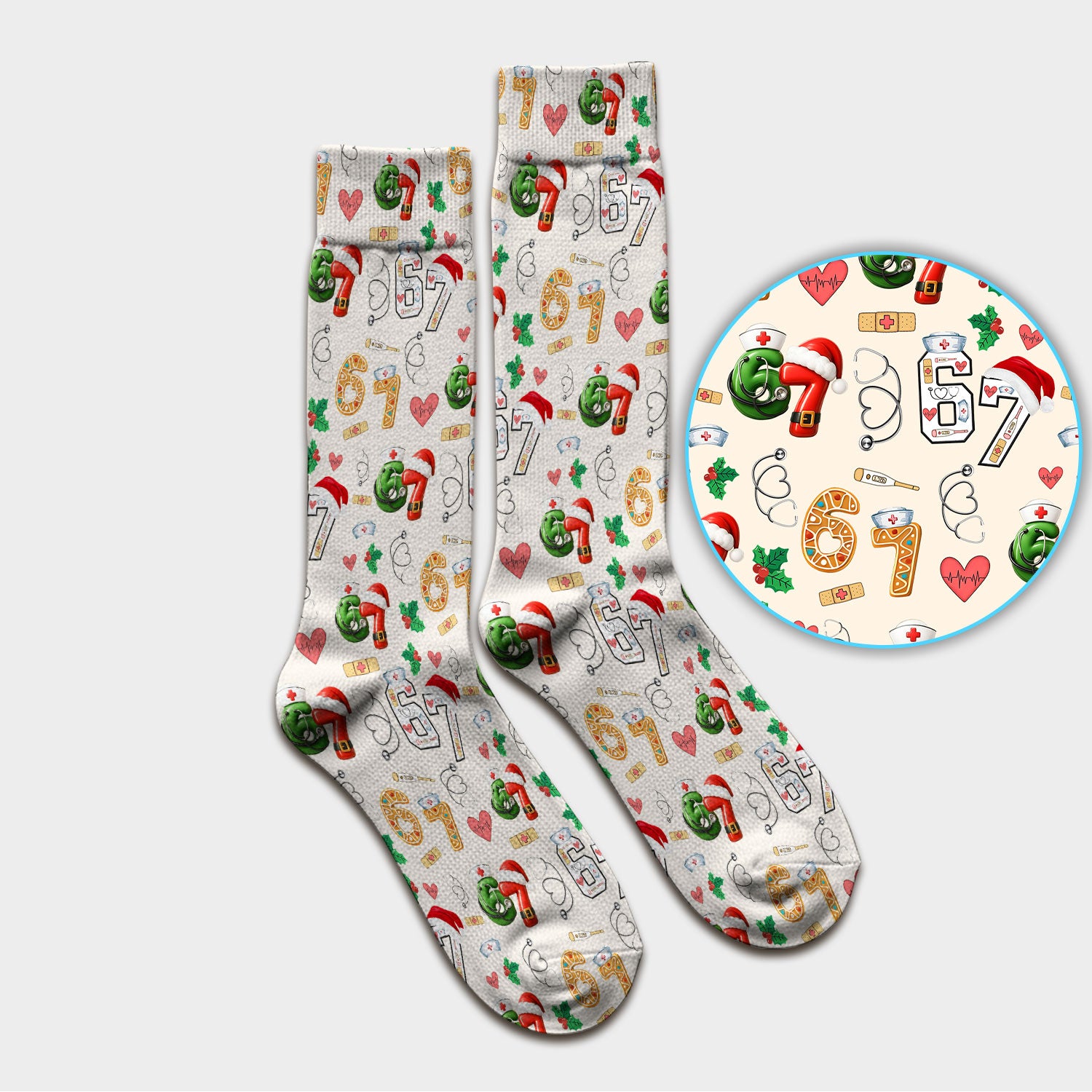 Christmas Nurse 67 Pattern Scrub Socks, Cute Holiday Medical Sock With Santa Hat, Uniform For Nursing