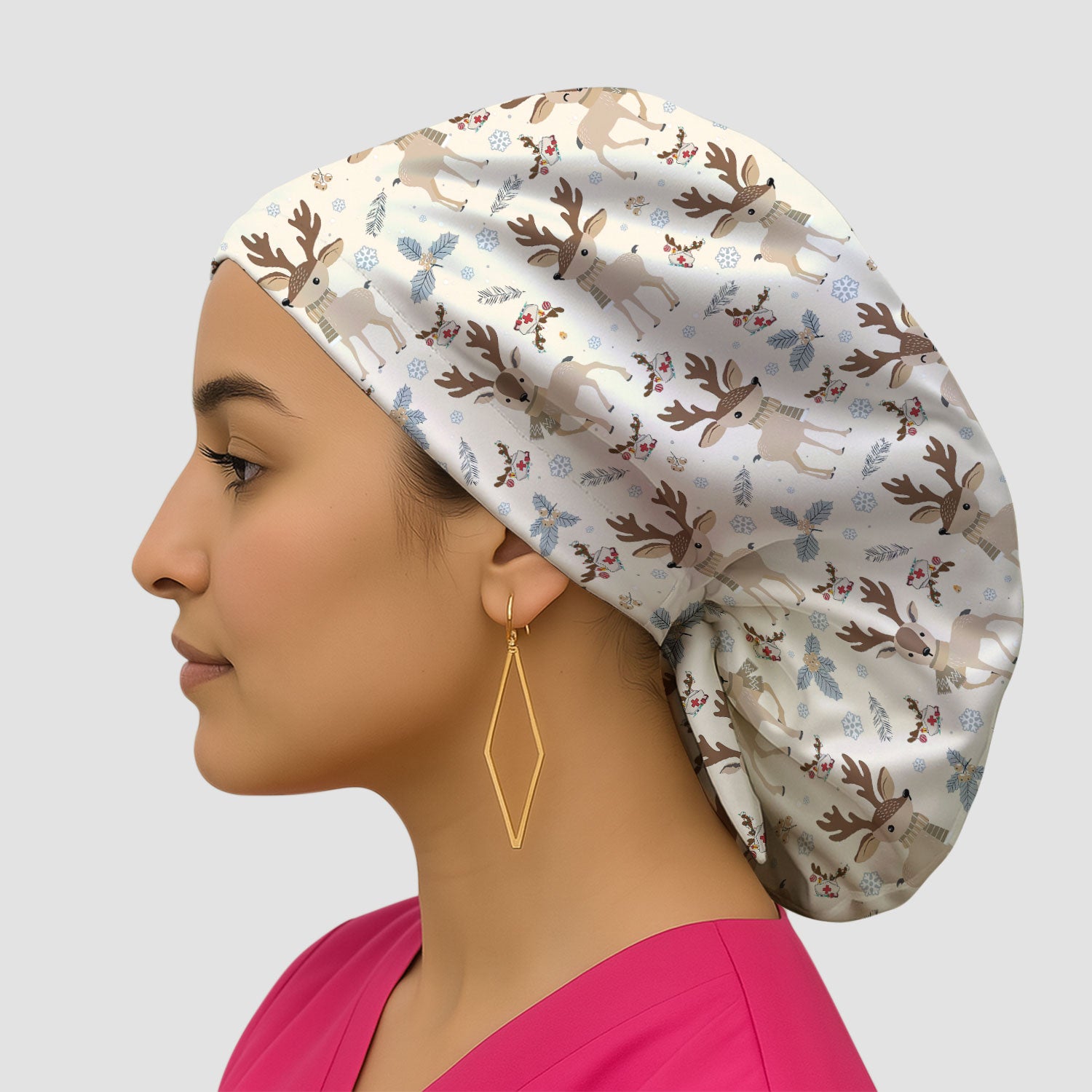 Reindeer Christmas Bouffant Scrub Caps for Women - Cozy Holiday Cute Deer Holiday Nursing Gift - Breathable Fabrics Caps Uniform