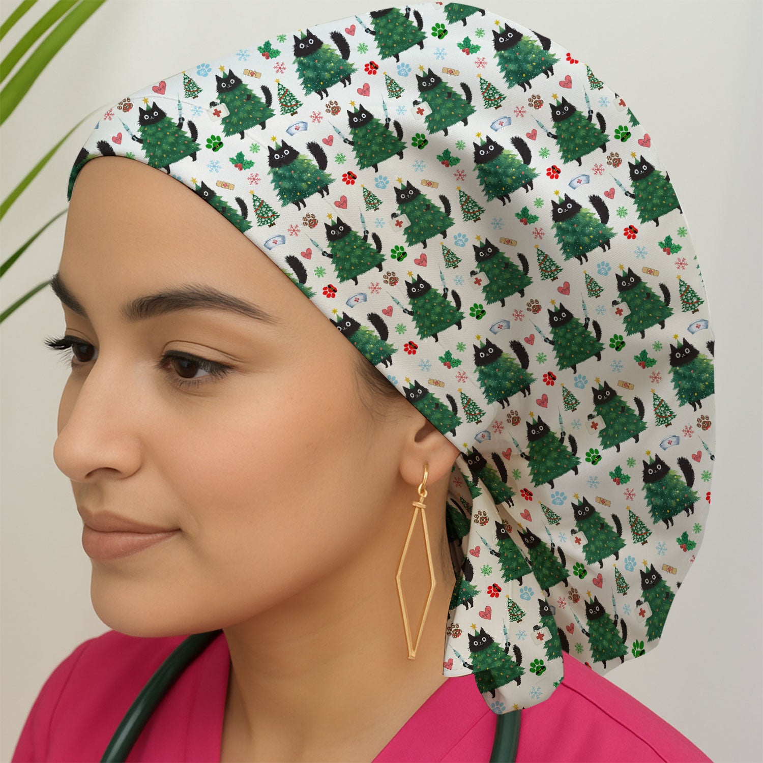 Christmas Nurse Scrub Cap, Xmas Black Cat Pattern Nurse Hat,  Breathable Fabrics Nursing Uniform