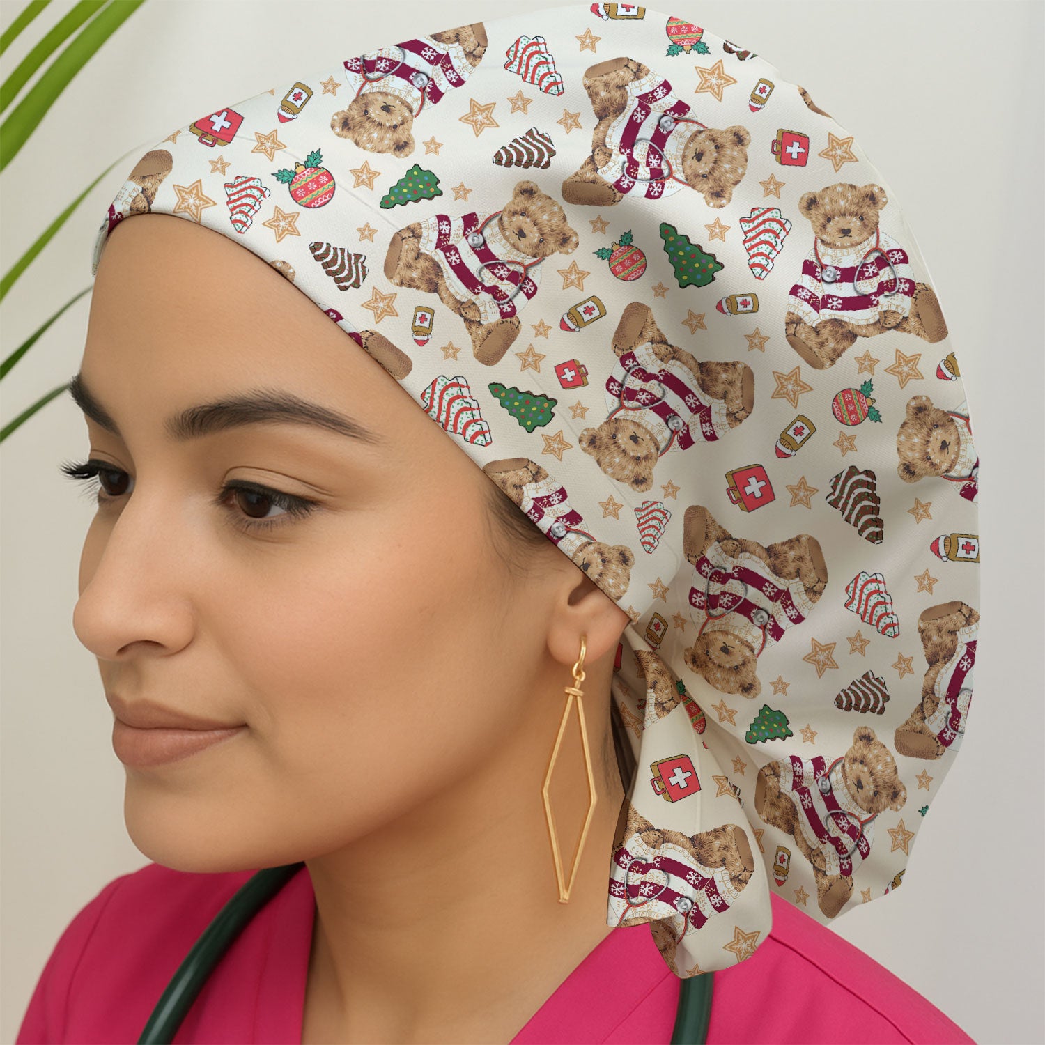 Teddy Bear Christmas Bouffant Scrub Caps for Women - Festive Holiday Nursing Gift - Breathable Fabrics Caps Uniform