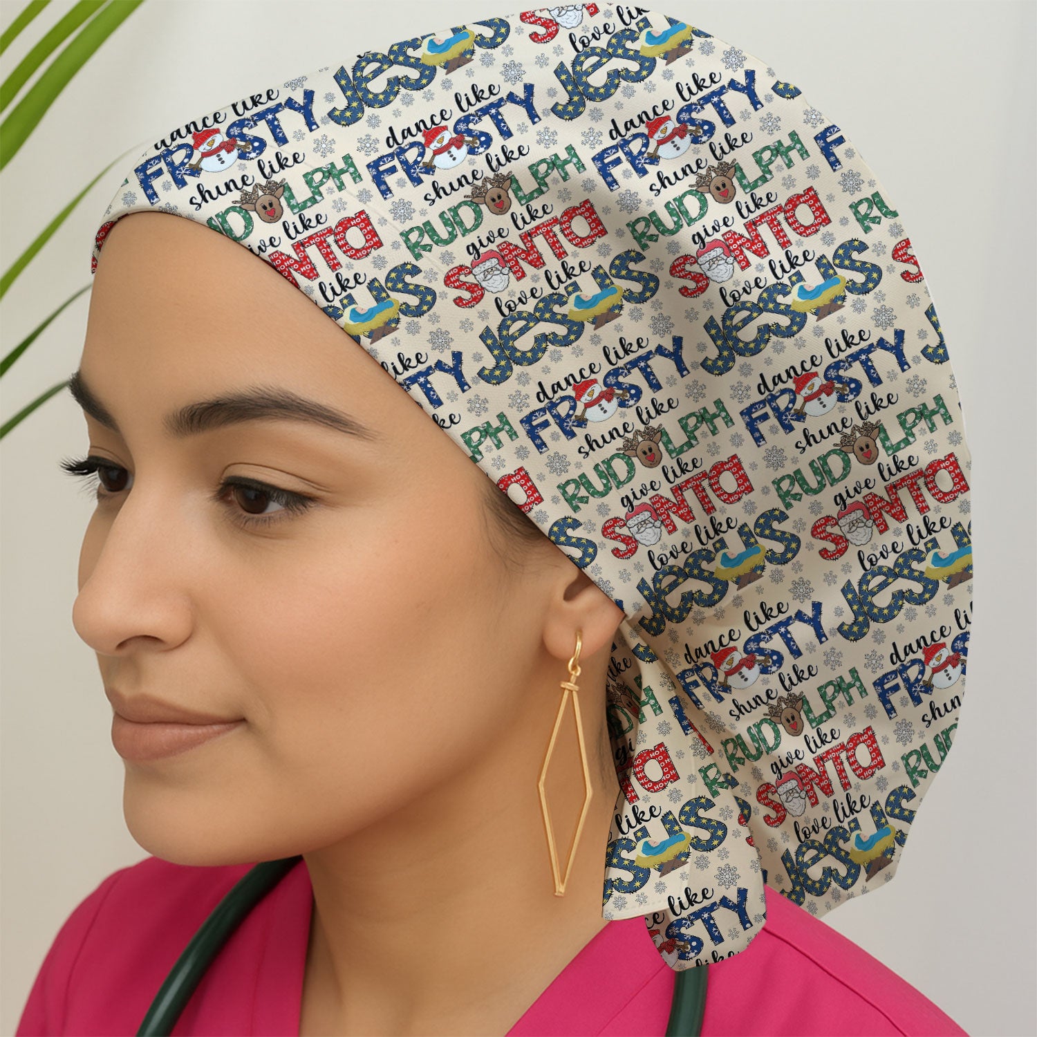Funny Rudolph Bouffant Scrub Caps for Women - Christmas Santa Surgical Caps for Doctors - Breathable Fabrics Caps Uniform