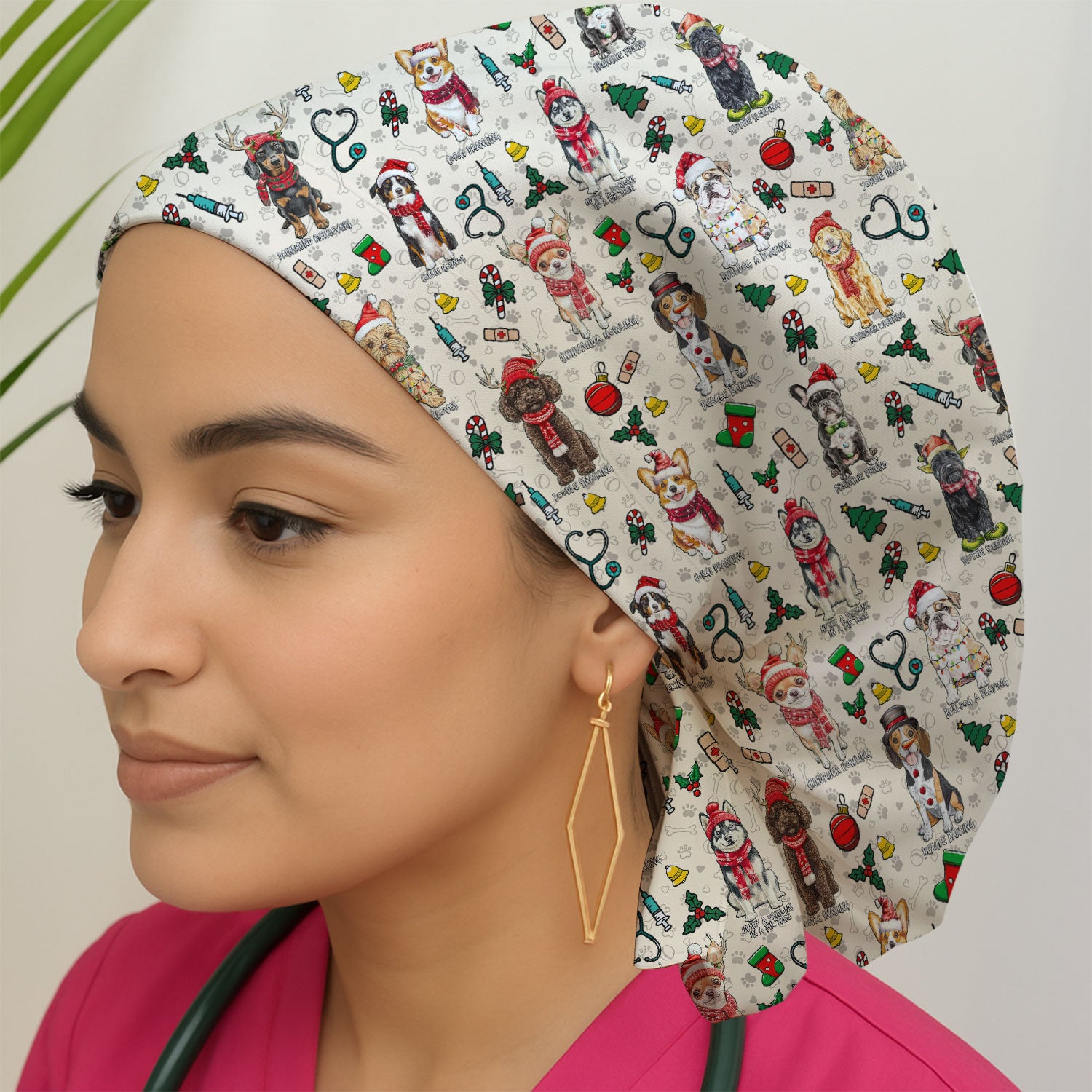 Cute Christmas Dog Bouffant Scrub Caps for Women - Corgi, Dachshund, Husky, Poodle & Labrador Surgical Caps for Doctors - Breathable Fabrics Caps Uniform