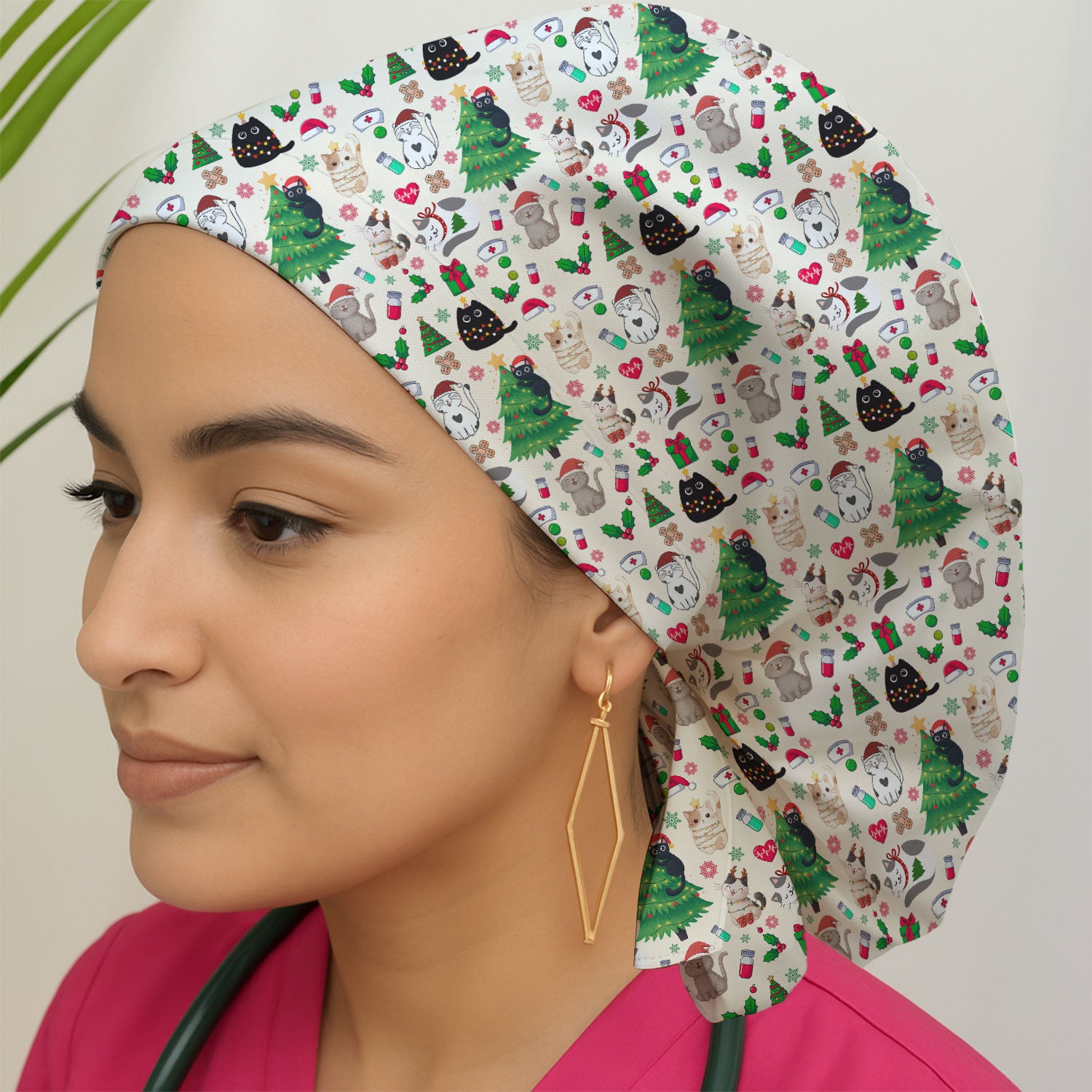 Christmas Cat Scrub Hat, Xmas Pet Pattern Scrub Cap, Breathable Fabrics Nursing Uniform