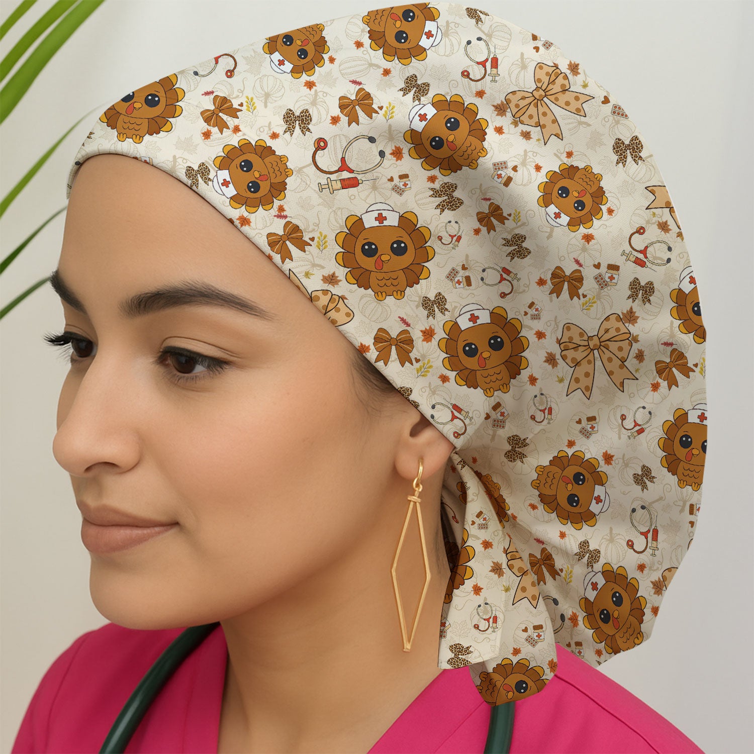 Thanksgiving Bouffant Scrub Caps for Women - Fall Leaves and Bow Holiday Nursing Gift - Breathable Fabrics Caps Uniform