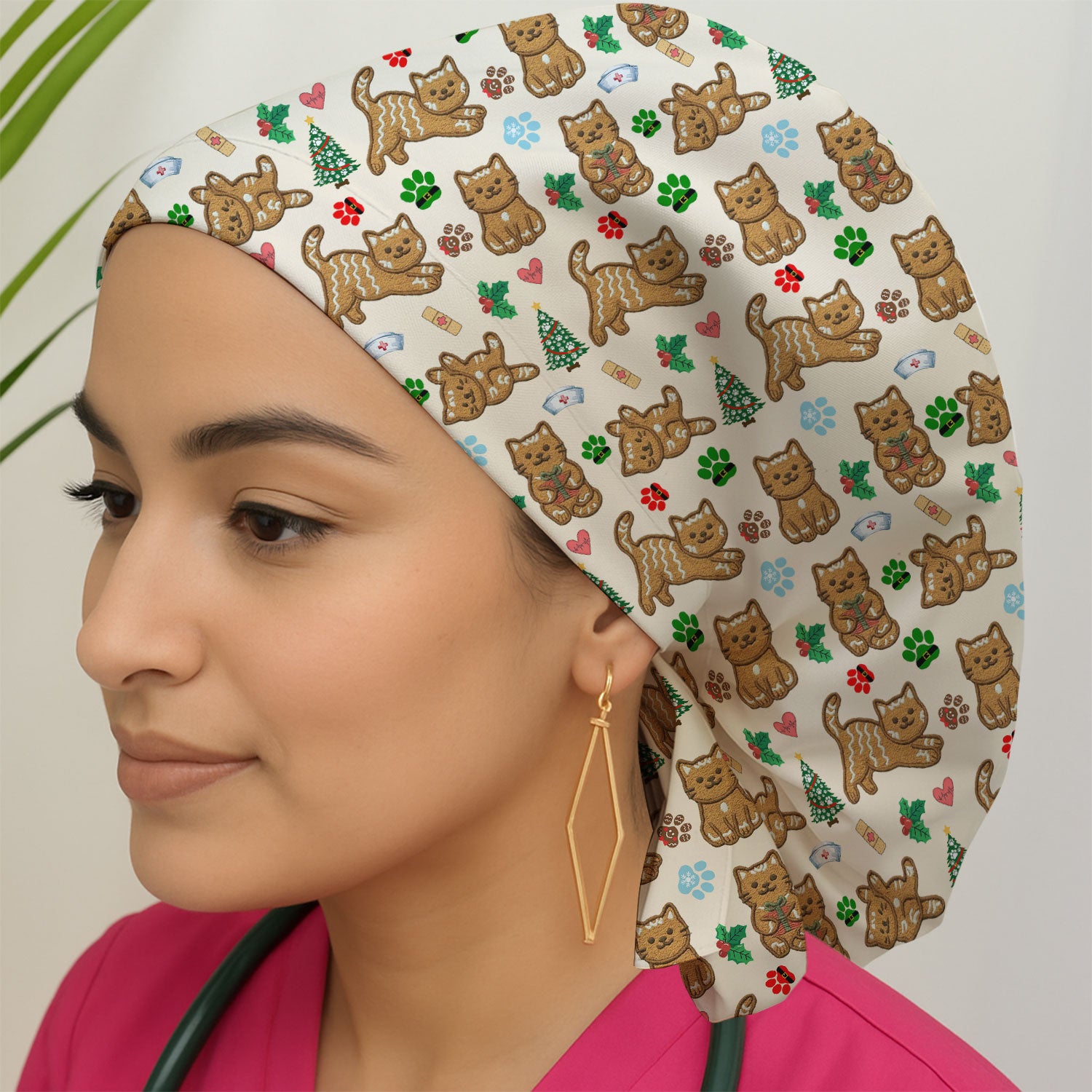 Gingerbread Cat Christmas Scrub Cap, Cute Holiday Kitty Medical Uniform Hat For Nursing, Festive Nurse Pattern