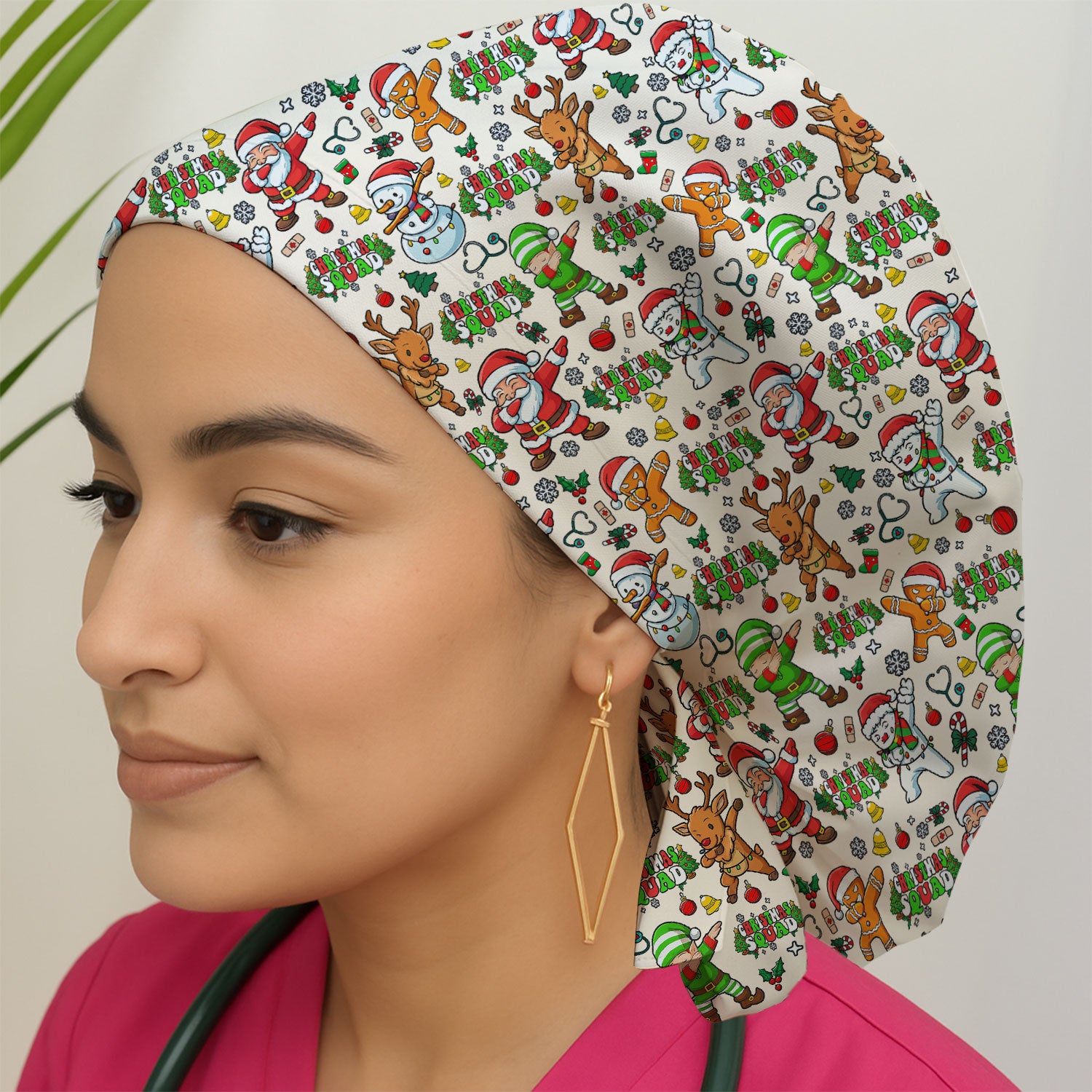 Christmas Squad Bouffant Scrub Caps for Women - Dancing Santa, Reindeer & Elf Holiday Nursing Gift - Funny Holiday Gift