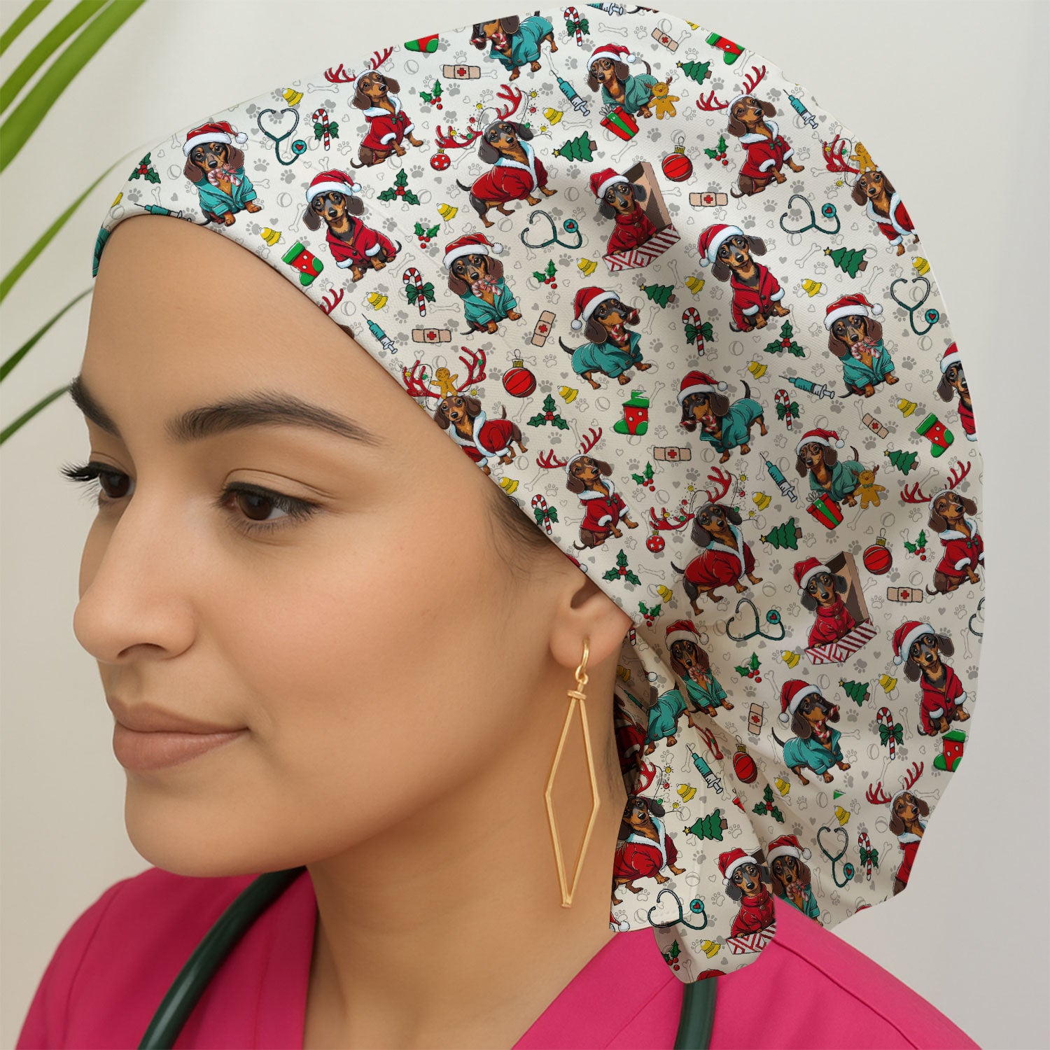 Christmas Dachshund Bouffant Scrub Caps for Women - Cute Sausage Dog Holiday Caps - Funny Reindeer & Santa - Breathable Fabrics Caps Uniform